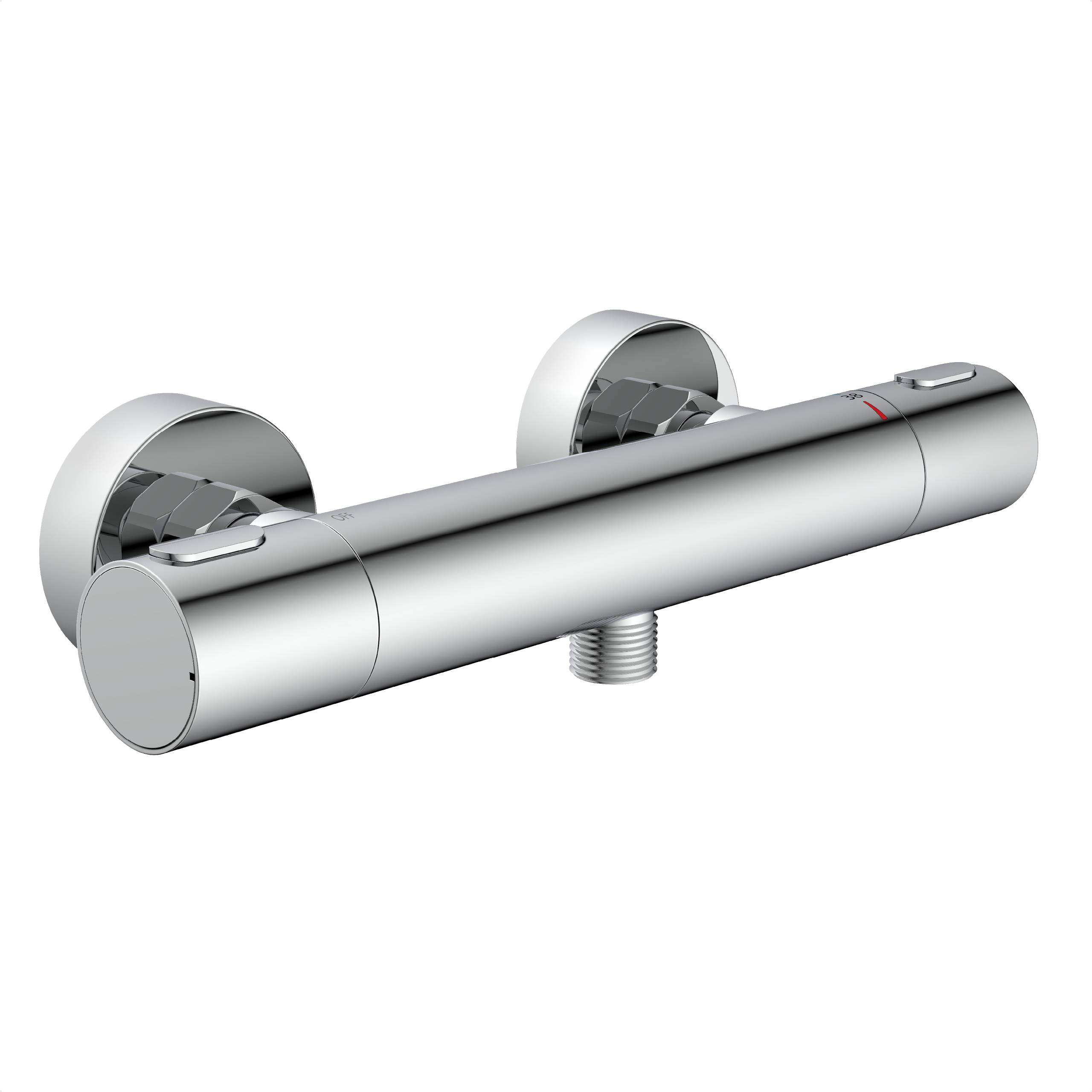 Ein modernes Chrombrauseventil mit zwei runden Griffen und einer zentralen Auslaufgarnitur, an der Wand montiert.