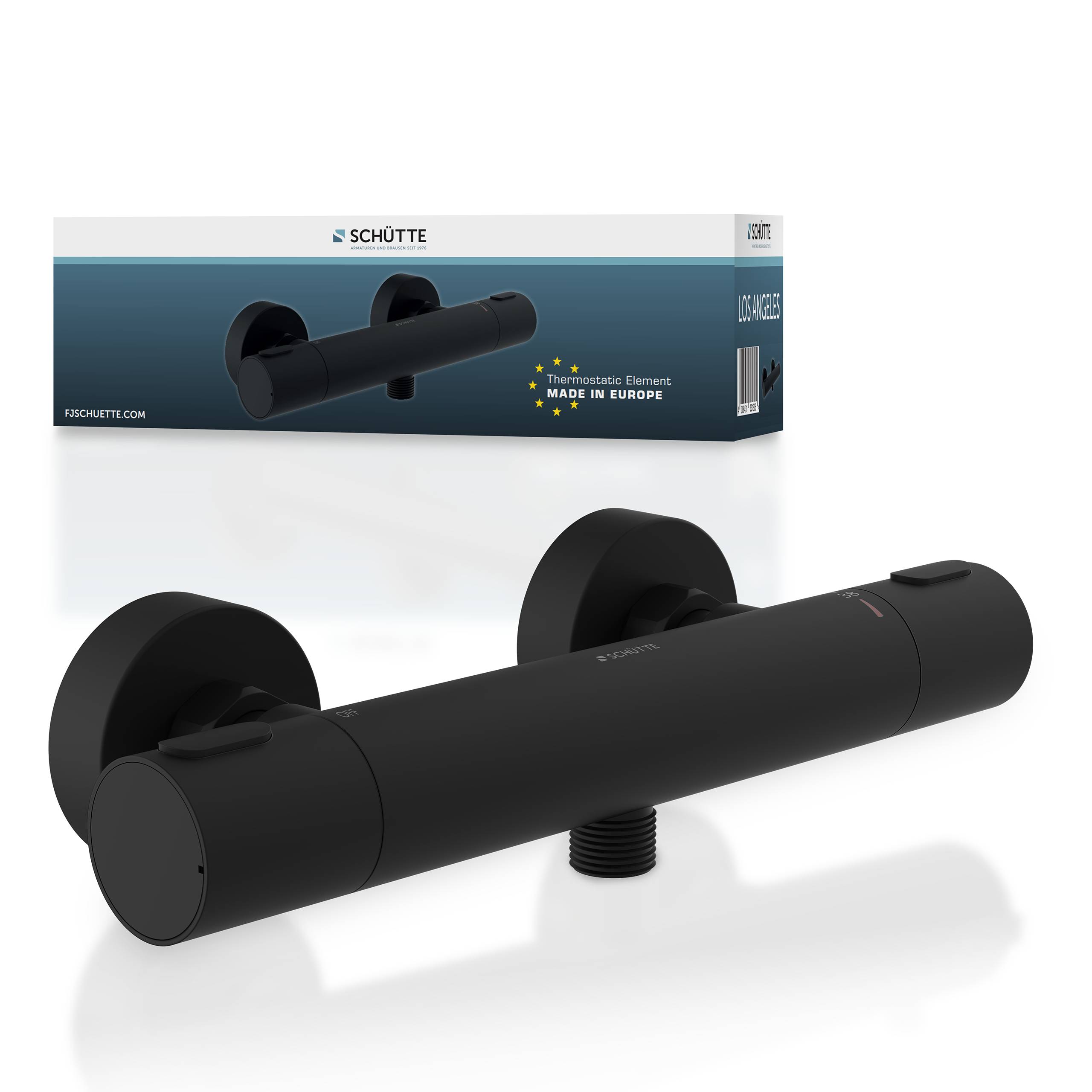 Ein eleganter schwarzer Brausehahn, präsentiert vor einer Schachtel mit 