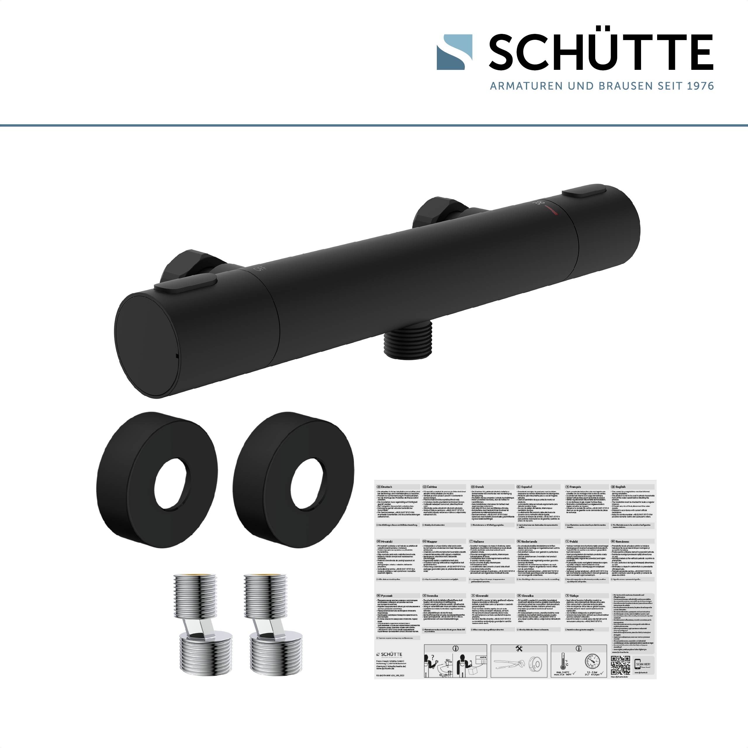 Ein schwarzer Schütte Duscharmaturensatz mit zwei Wandhalterungen, zwei Rohranschlüssen und einem Merkblatt mit verschiedenen Installationsdiagrammen.