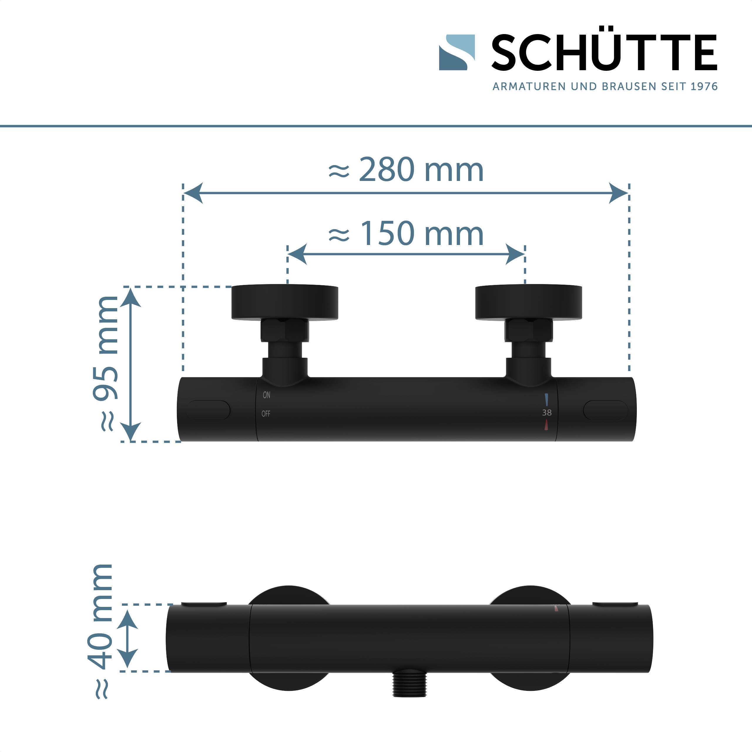 Diagramm einer Schütte-Duscharmatur mit Abmessungen: Breite 280 mm, Höhe 95 mm, Tiefe 40 mm, Ventilabstand 150 mm.