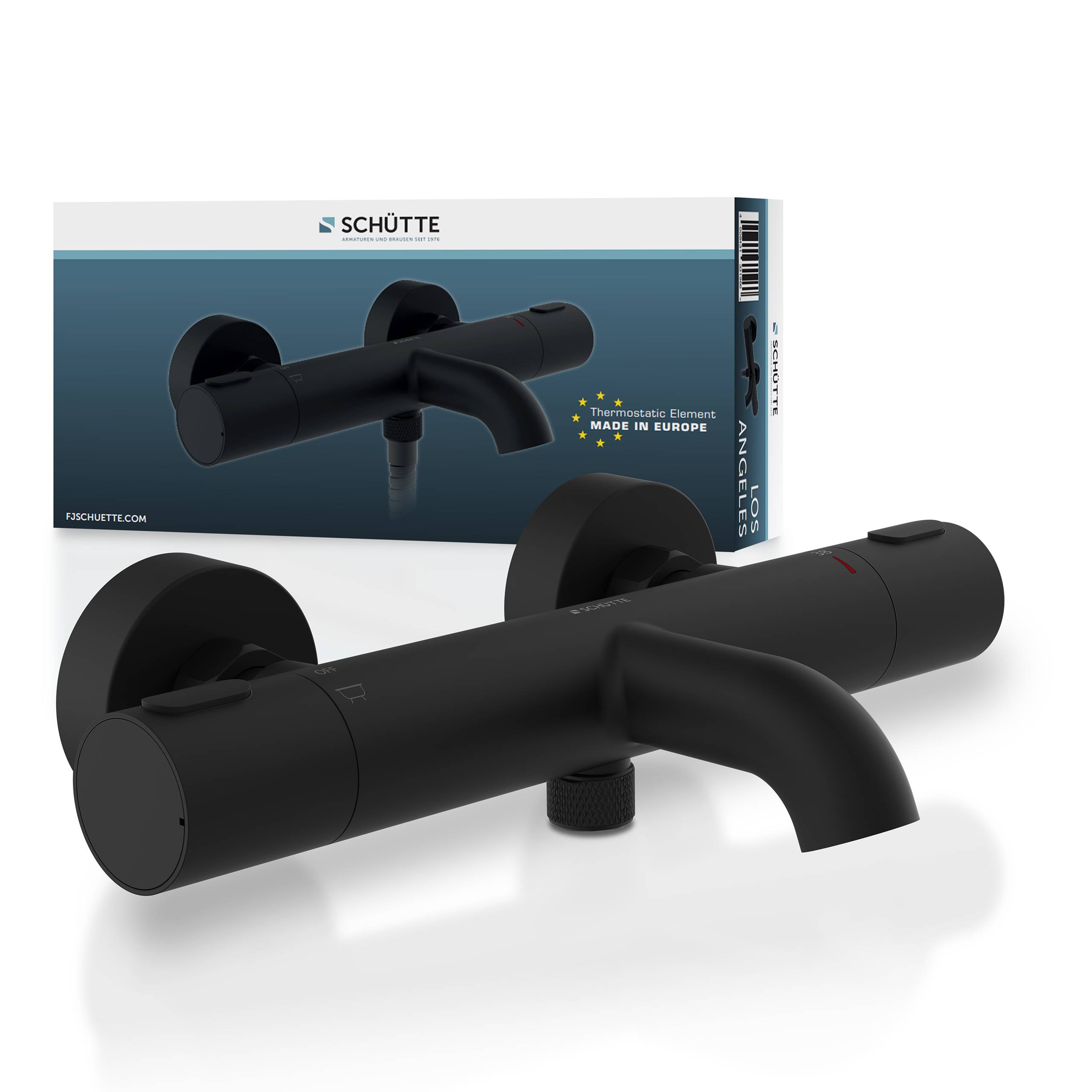 Ein matter schwarzer Badewannenhahn mit schlankem Design wird vor seiner Verpackung präsentiert, die blau und schwarz ist und Branding-Details aufweist.