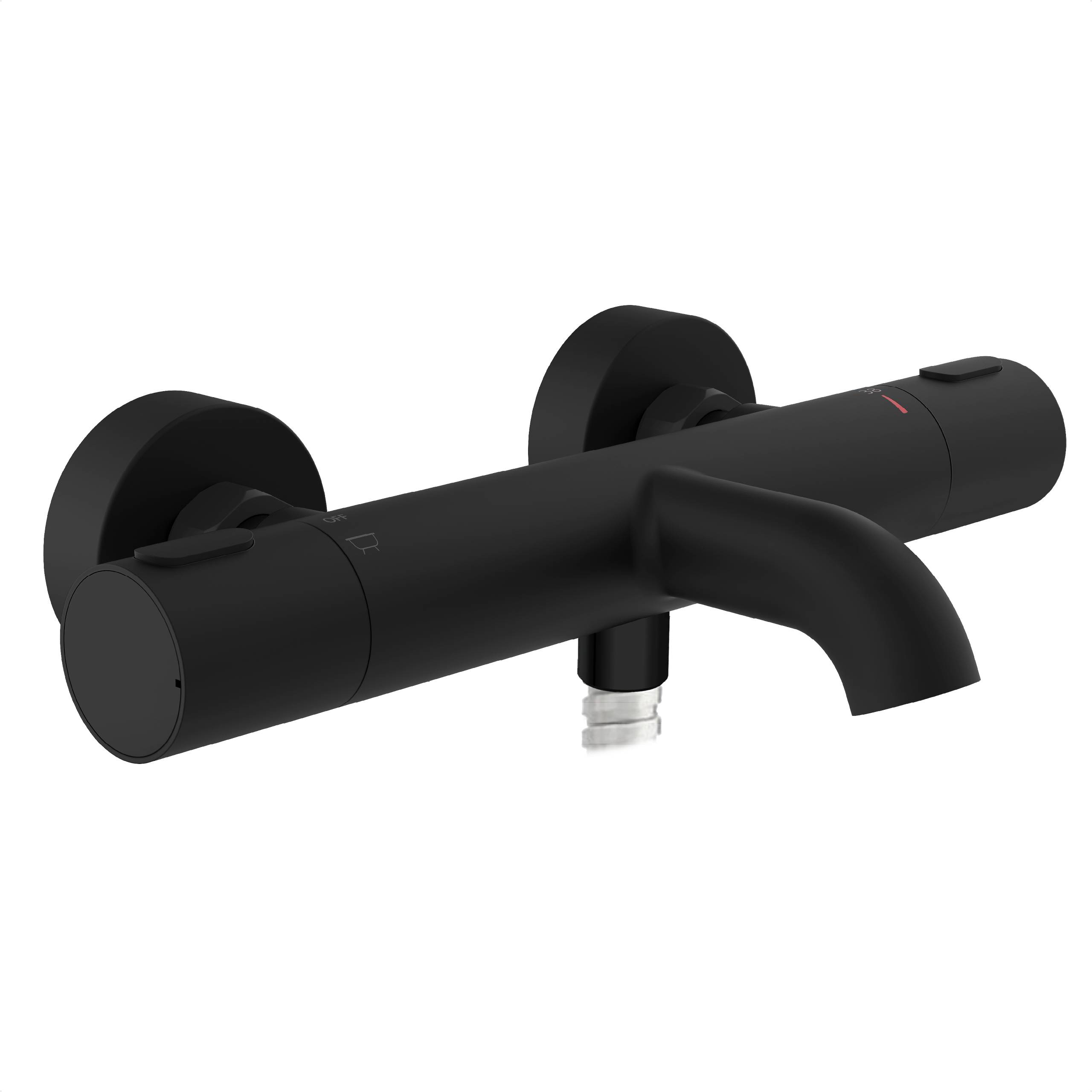 Ein schwarzer, an der Wand montierter Duscharmatur mit minimalistischem Design und zylindrischen Griffen.