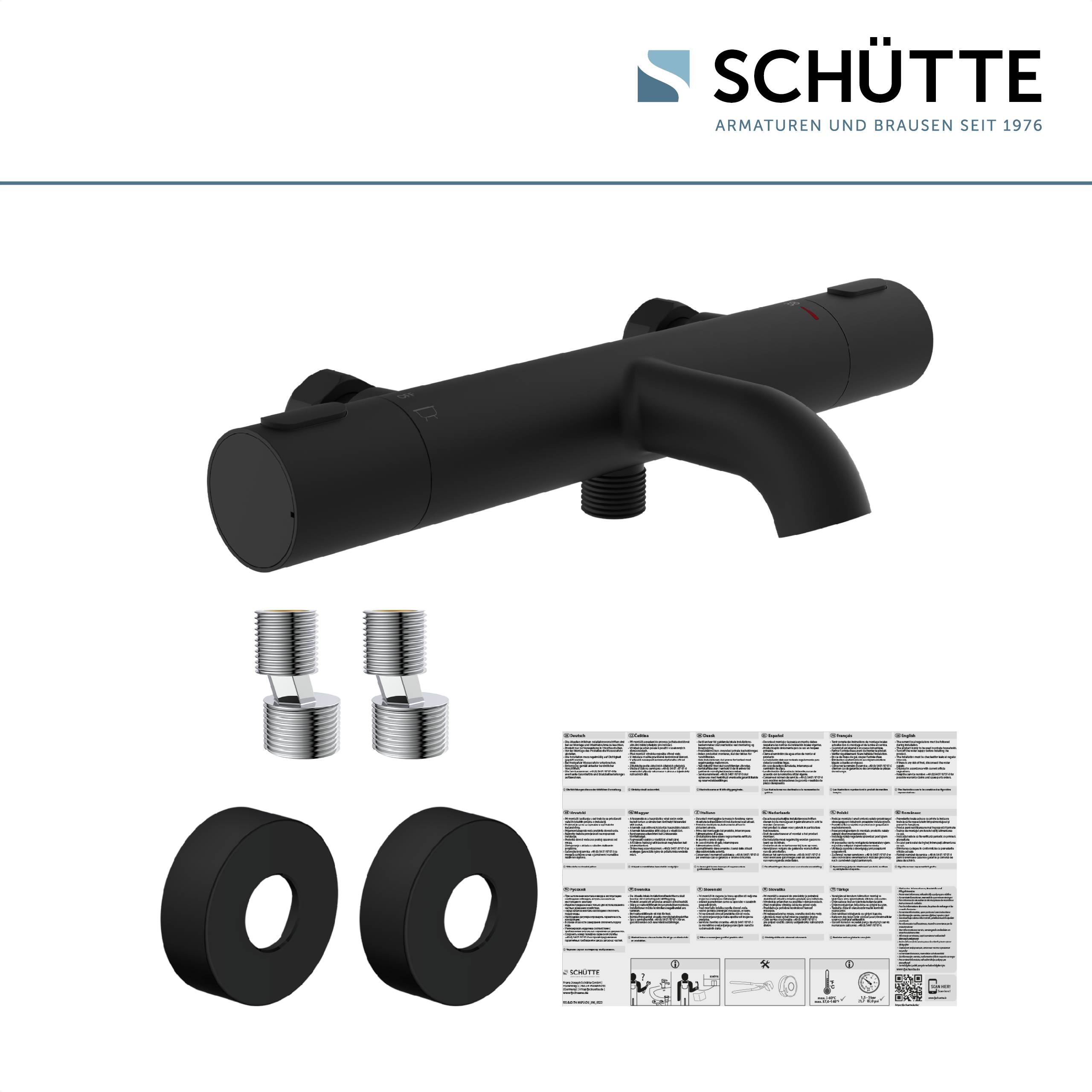 Schwarzer Schütte-Wasserhahn mit Installationsteilen und Bedienungsanleitung.