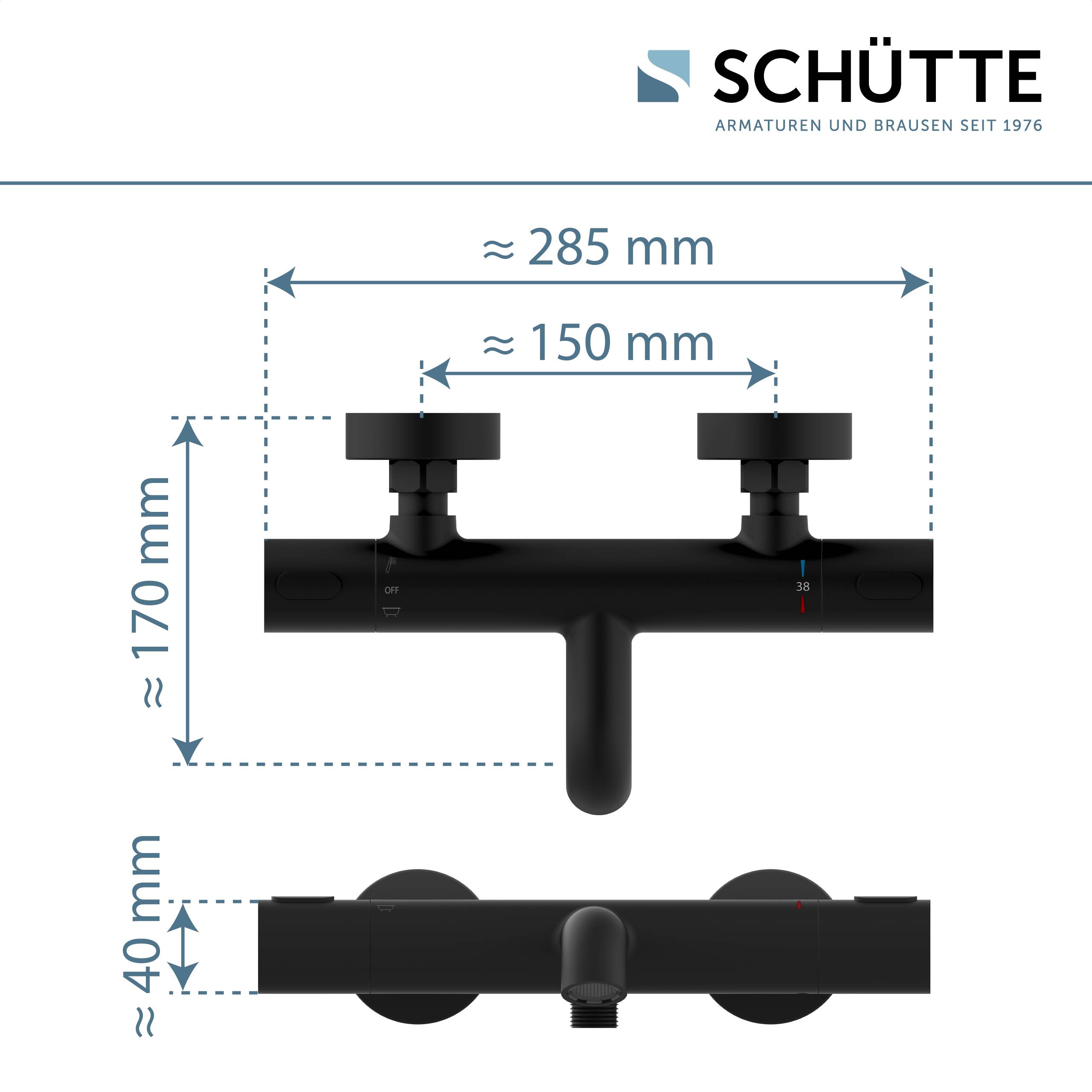 Diagramm eines Schütte-Wasserhahns mit Abmessungen: Breite 285 mm, Höhe 170 mm, Abstand zwischen Griffen 150 mm, Auslaufdurchmesser 40 mm.