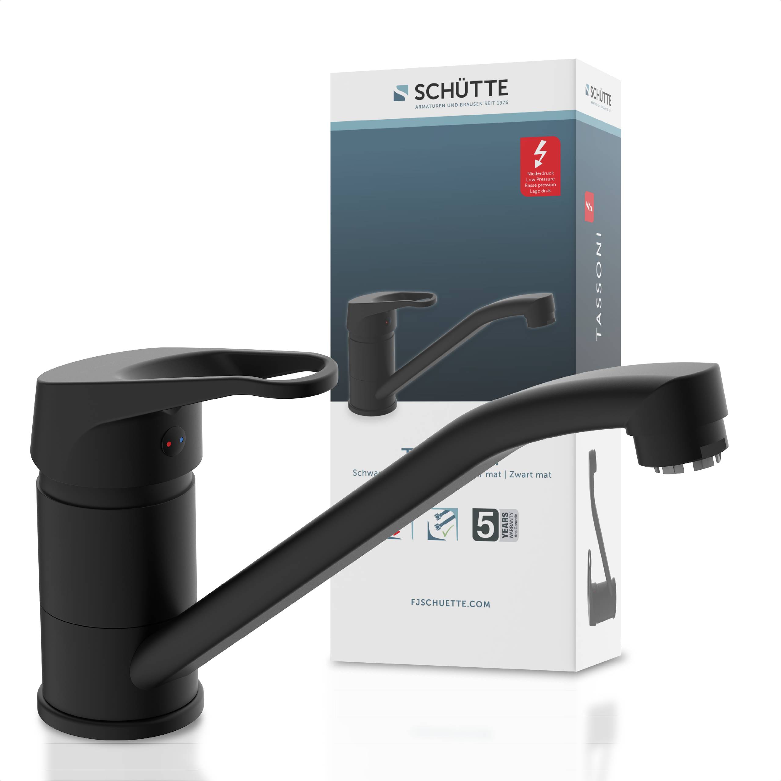 Schwarzer Küchenarmatur mit geschwungenem Auslauf vor seiner Verpackung, die den gleichen Armatur zeigt und Merkmale wie Langlebigkeit hervorhebt.