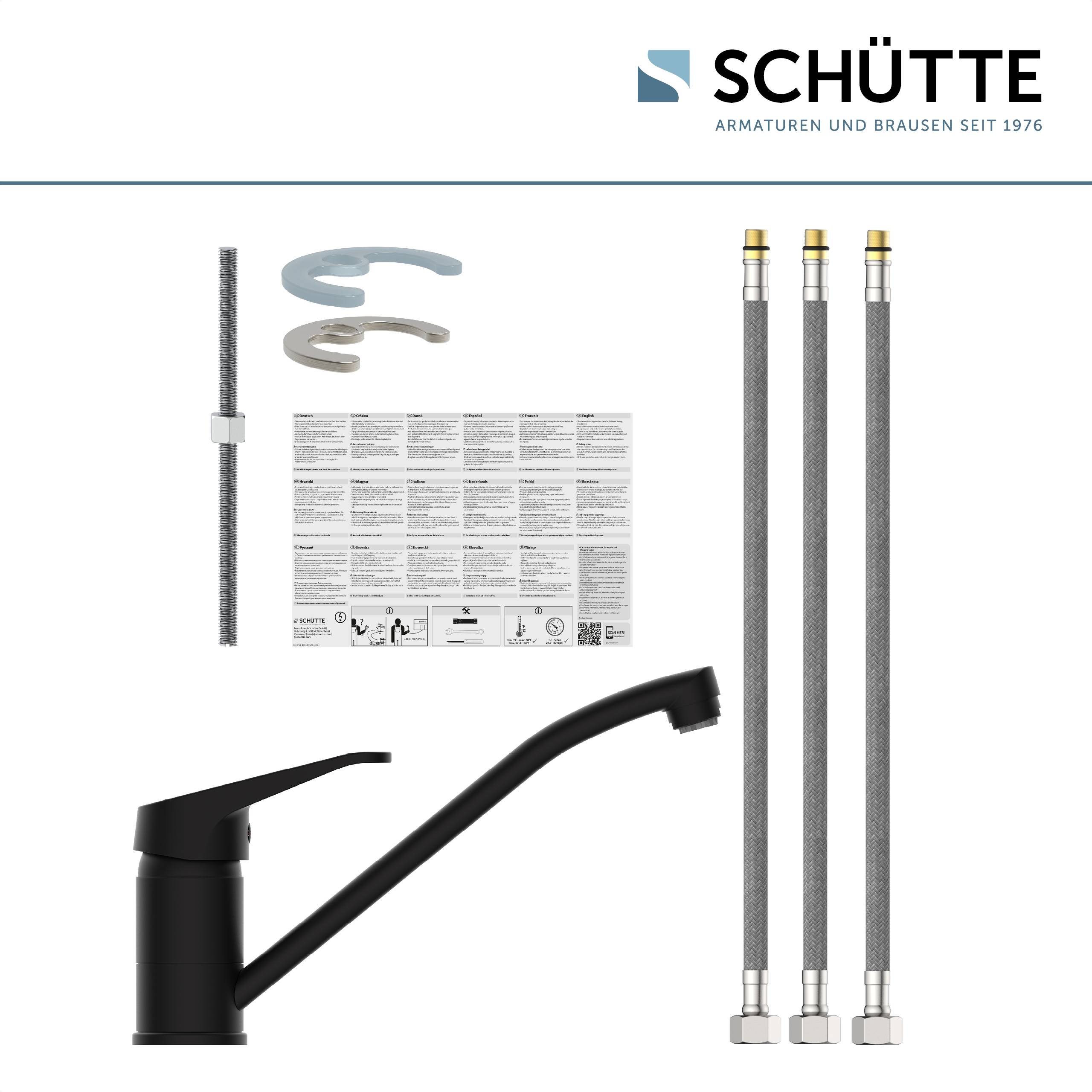 Küchenarmaturenset 'Schütte' mit schwarzem Wasserhahn, drei flexiblen Schläuchen, einem Montageset und Installationsanweisungen in mehreren Sprachen.