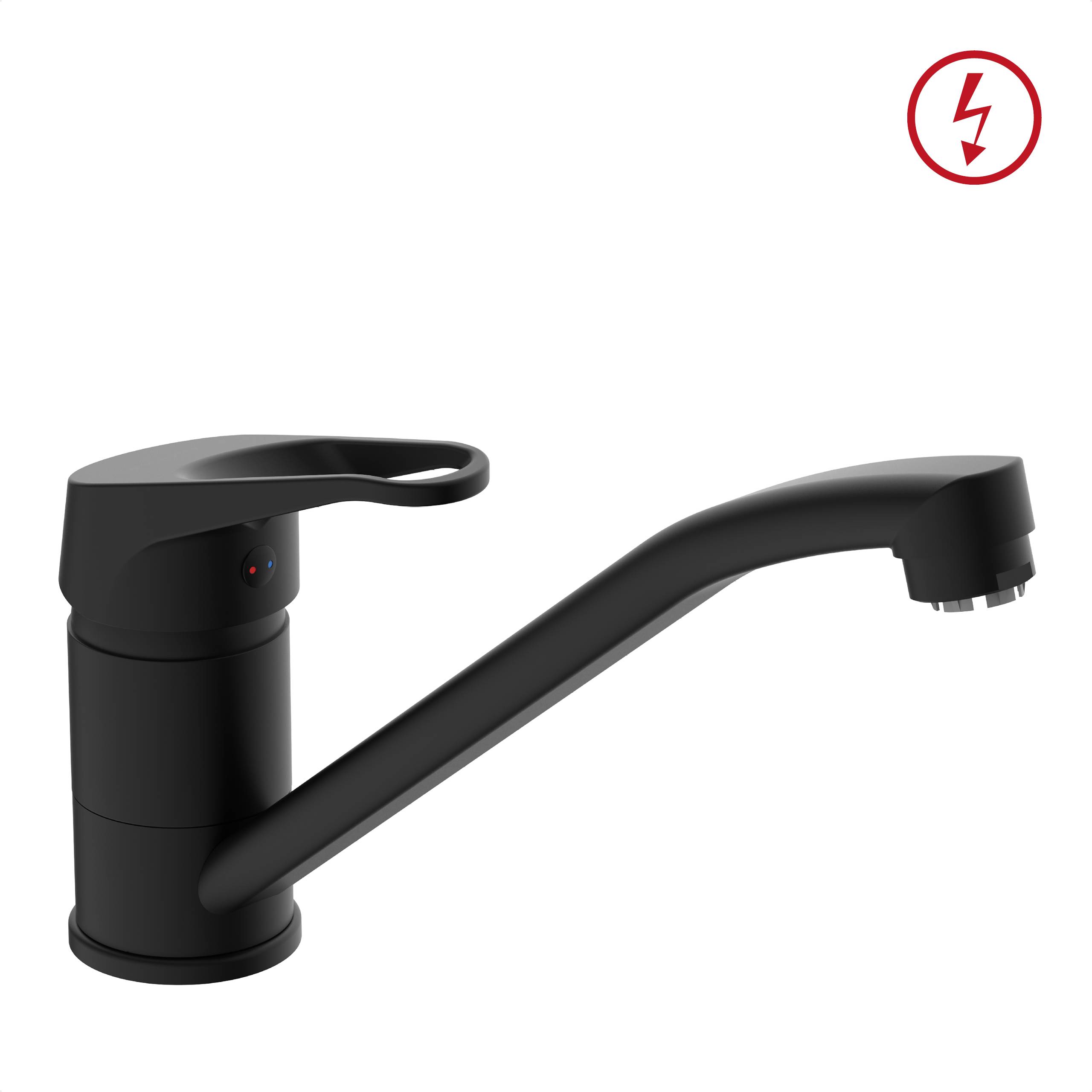 Ein schwarzer Küchenhahn mit flachem Auslaufdesign und einhebeligem Griff, vor weißem Hintergrund. Ein rotes Blitzsymbol befindet sich in der oberen rechten Ecke.