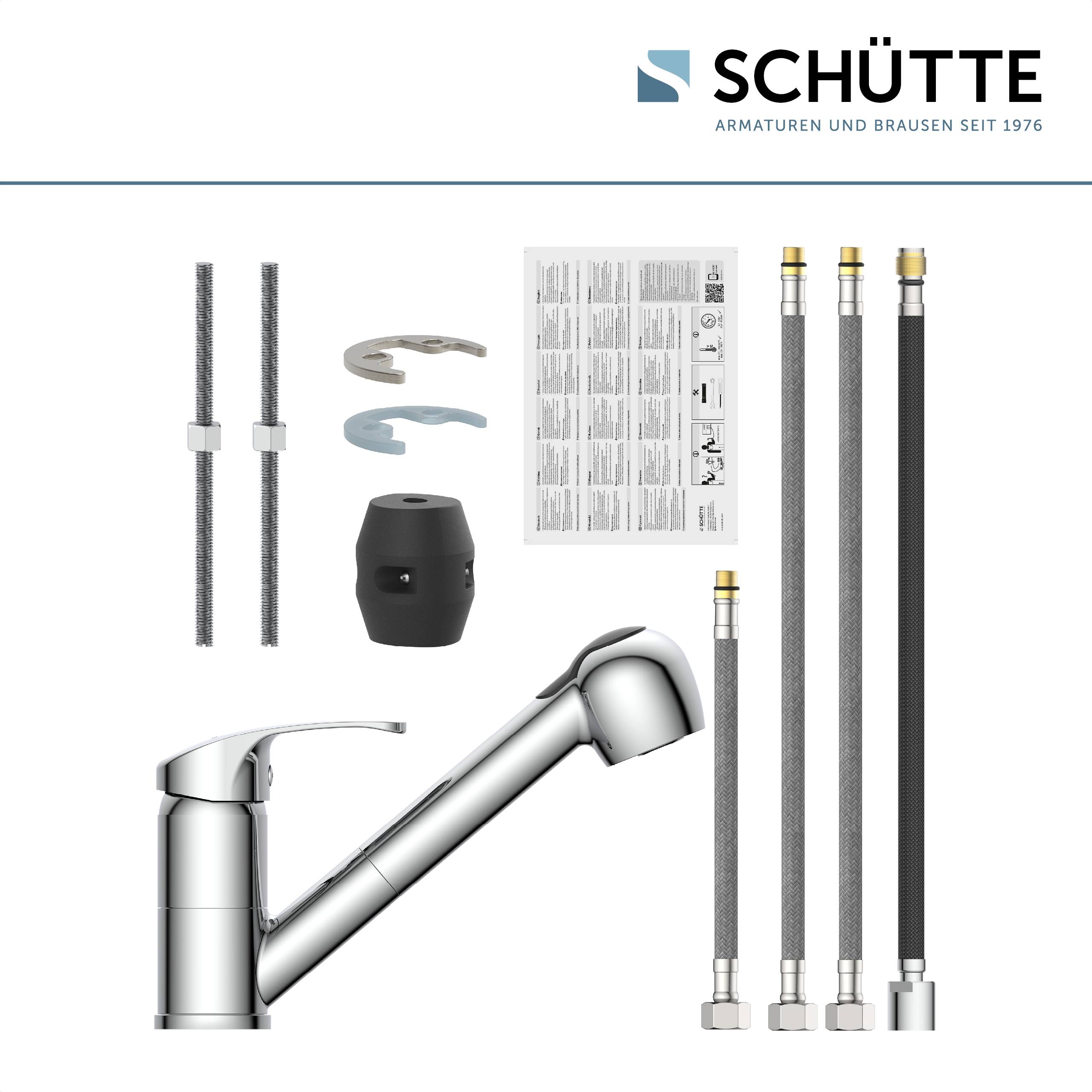Ein Satz von SCHÜTTE-Armatureninstallationskomponenten, bestehend aus einer verchromten Armatur, Schläuchen, Verbindungsstücken, Installationsanleitung und Werkzeugen.