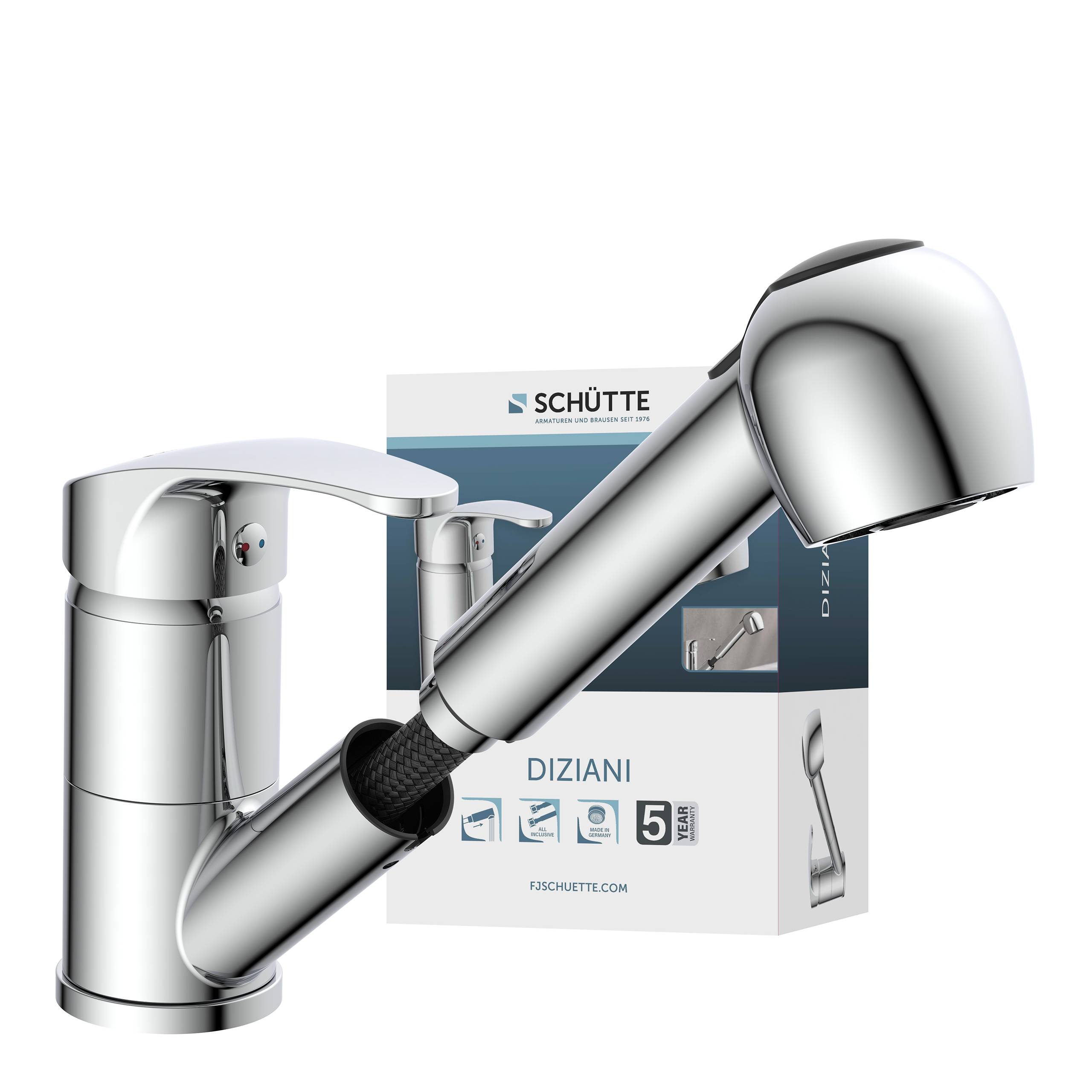 Verchromter Küchenarmatur mit ausziehbarem Sprühkopf, dargestellt vor ihrer Verpackungsschachtel mit der Bezeichnung 'Schütte Diziani'.