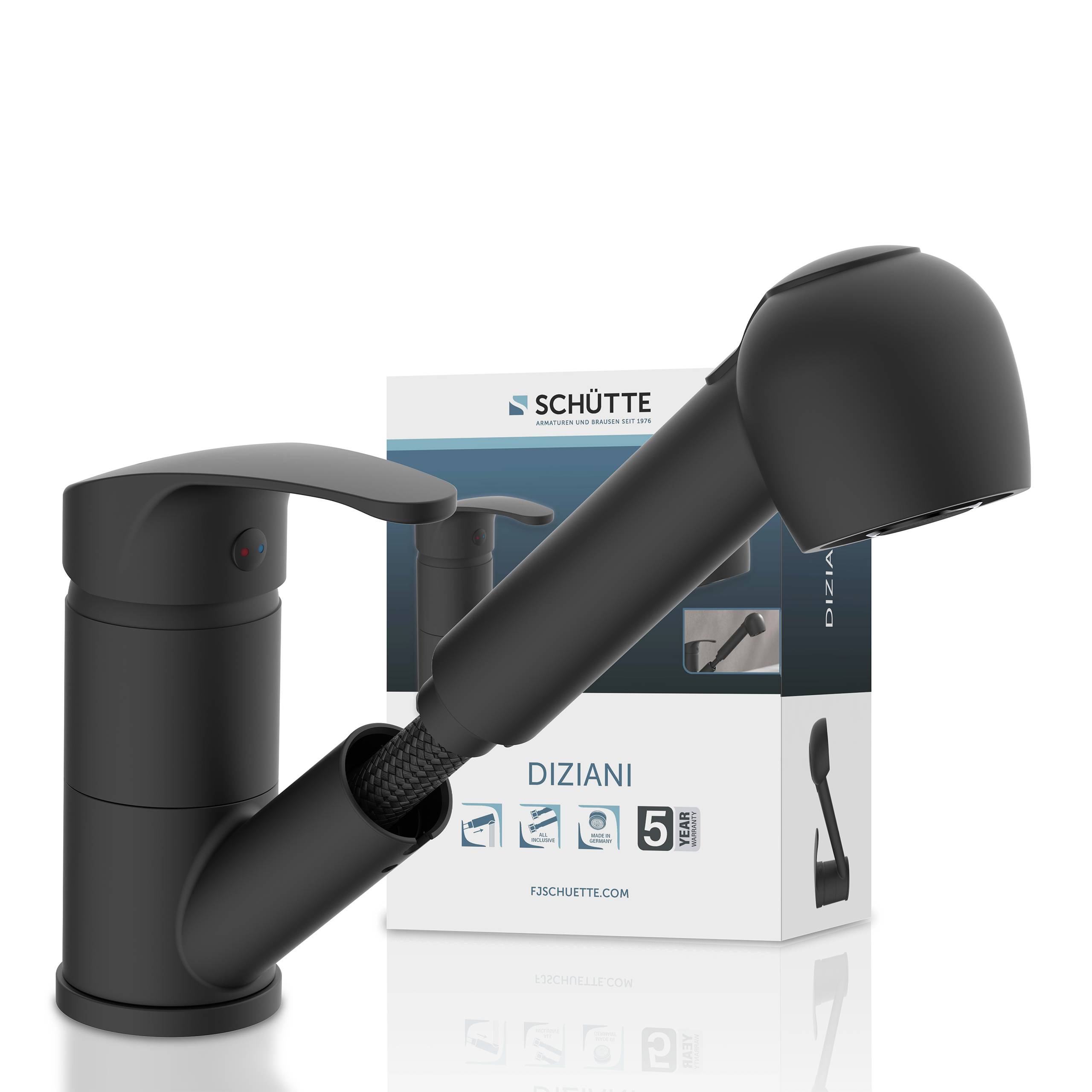 Ein matter schwarzer Küchenarmatur mit abnehmbarem Sprühkopf wird vor seiner Verpackungsbox mit der Aufschrift 