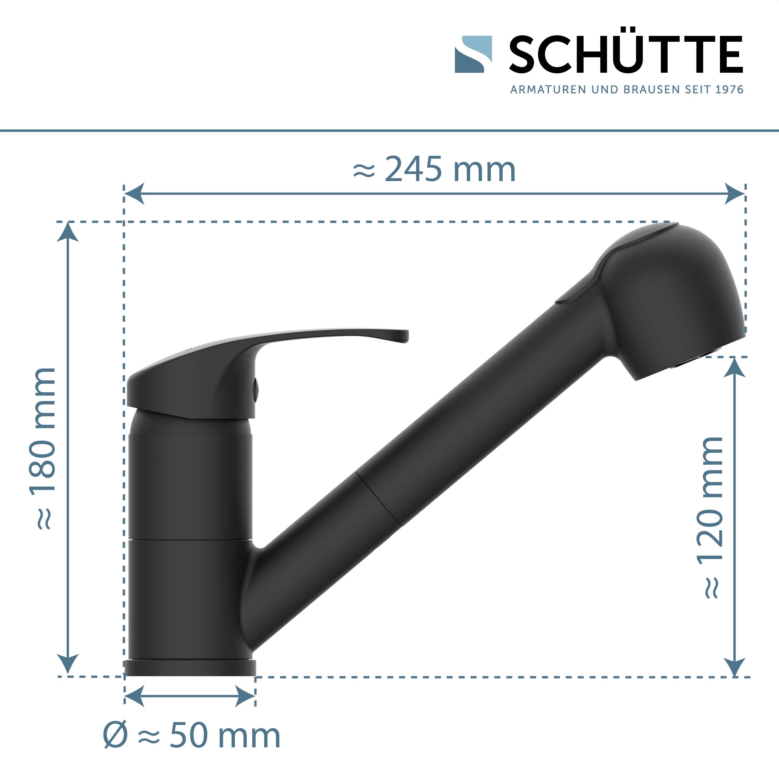 Schwarzer Küchenarmatur mit ausziehbarem Spray, Abmessungen gekennzeichnet: Höhe 180 mm, Reichweite 245 mm, Auslaufhöhe 120 mm, Basisdurchmesser 50 mm.