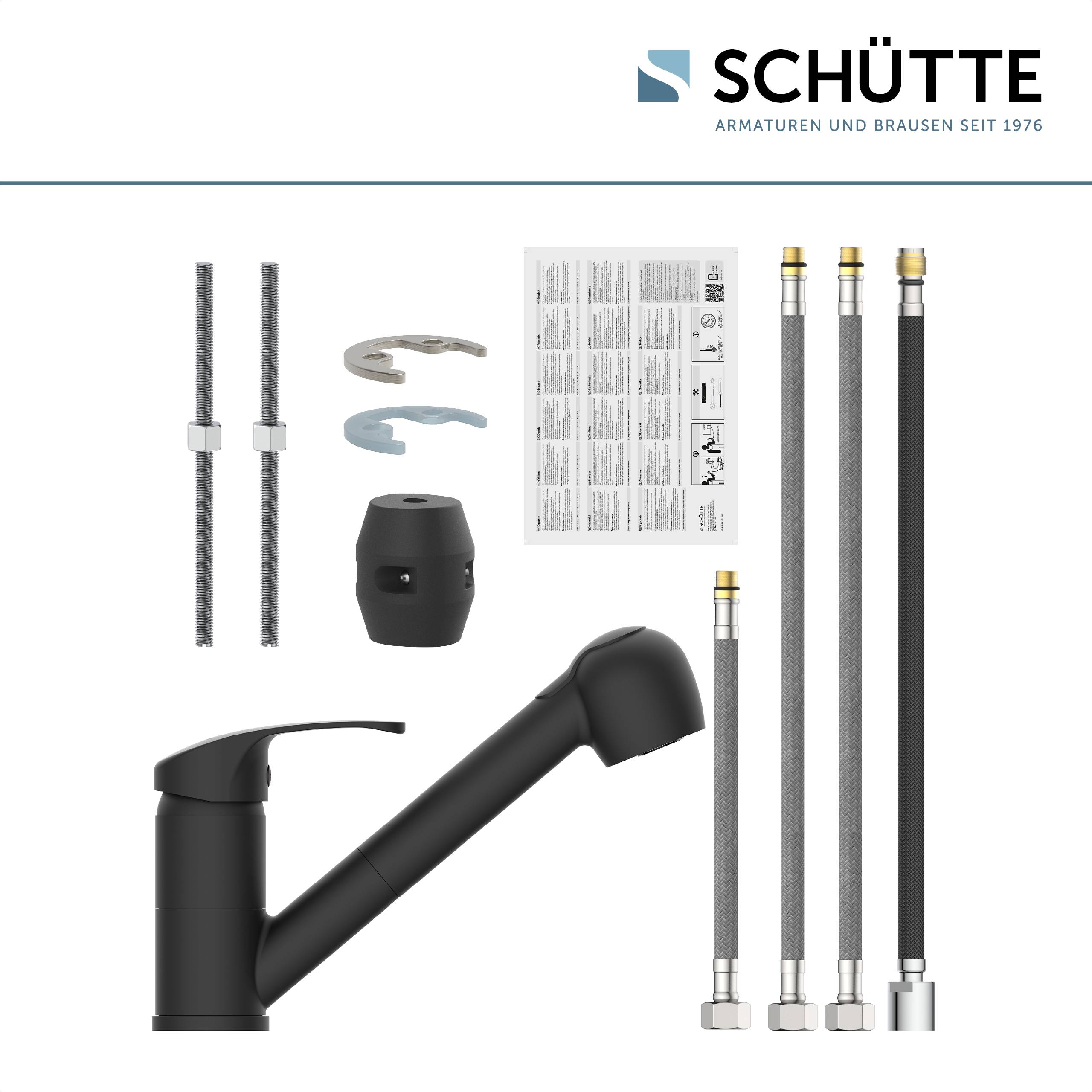 Schwarzer Schütte Küchenarmatur mit mehreren Zubehörteilen, einschließlich verschiedener Schläuche, Verbindungsstücke und einer Bedienungsanleitung.