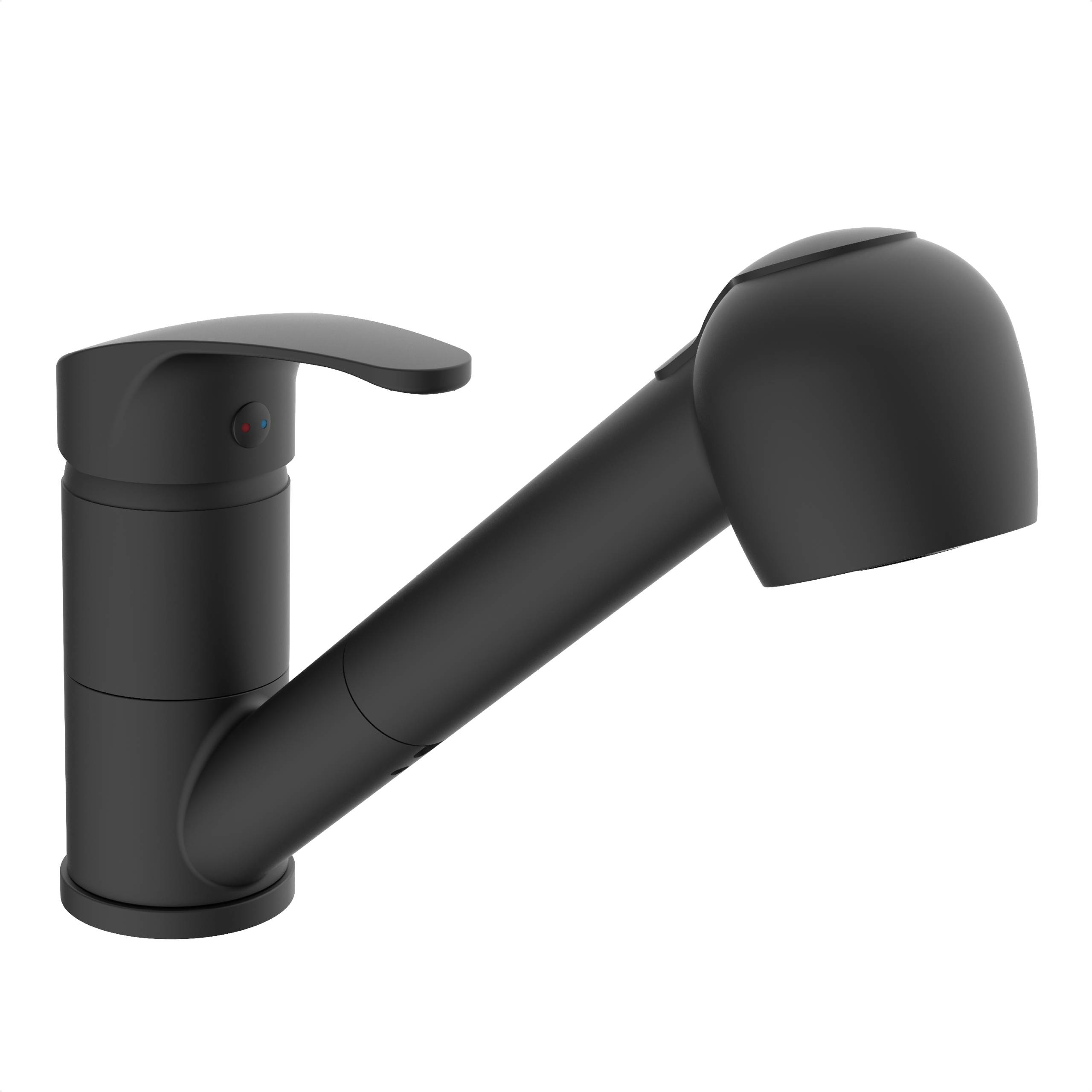 Ein schwarzer Küchenarmatur mit einem einzelnen Griff und einer ausziehbaren Sprühdüse.