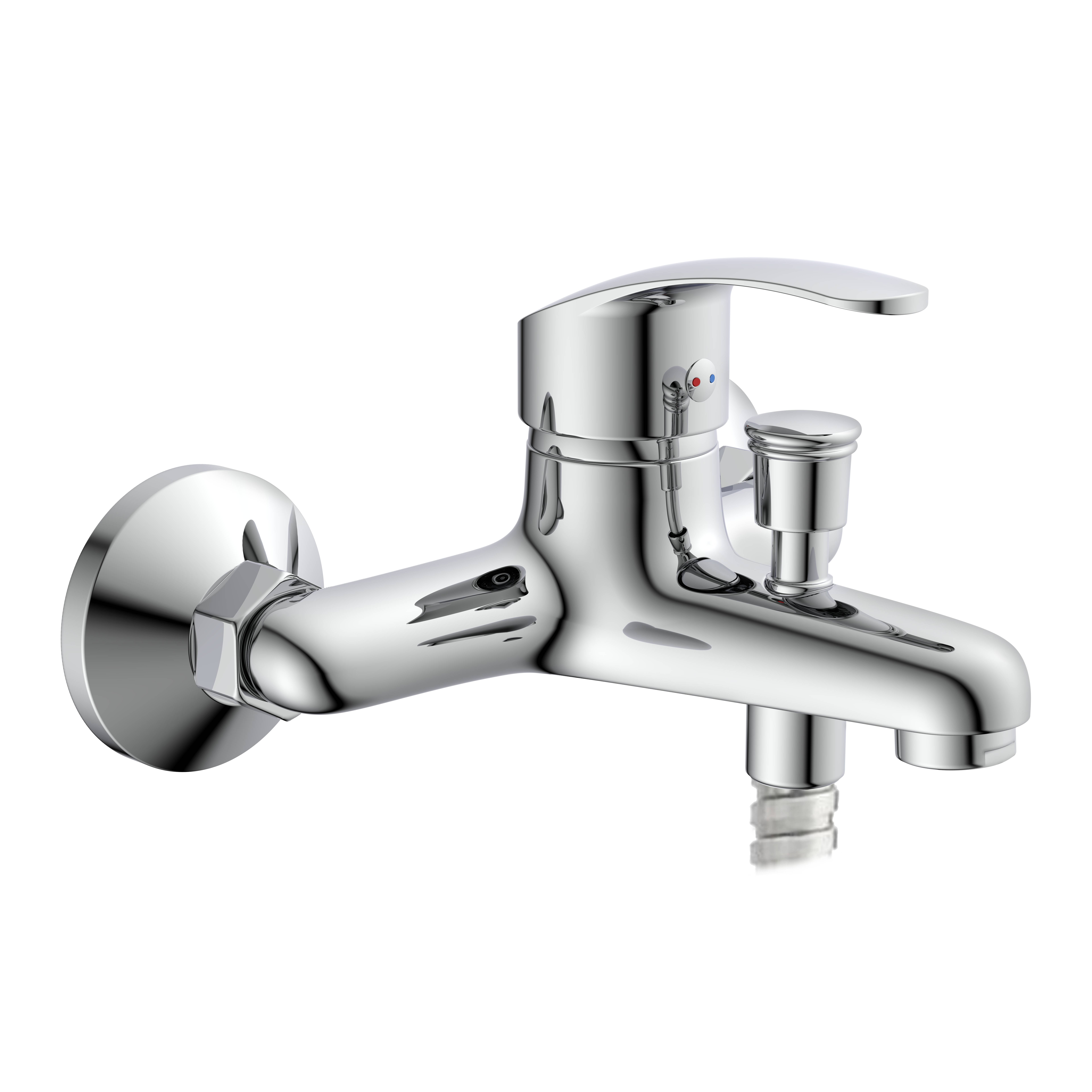 Chrom-Wandmontage-Badewannenmischer mit Hebel und integrierter Handbrause-Halterung auf schwarzem Hintergrund.