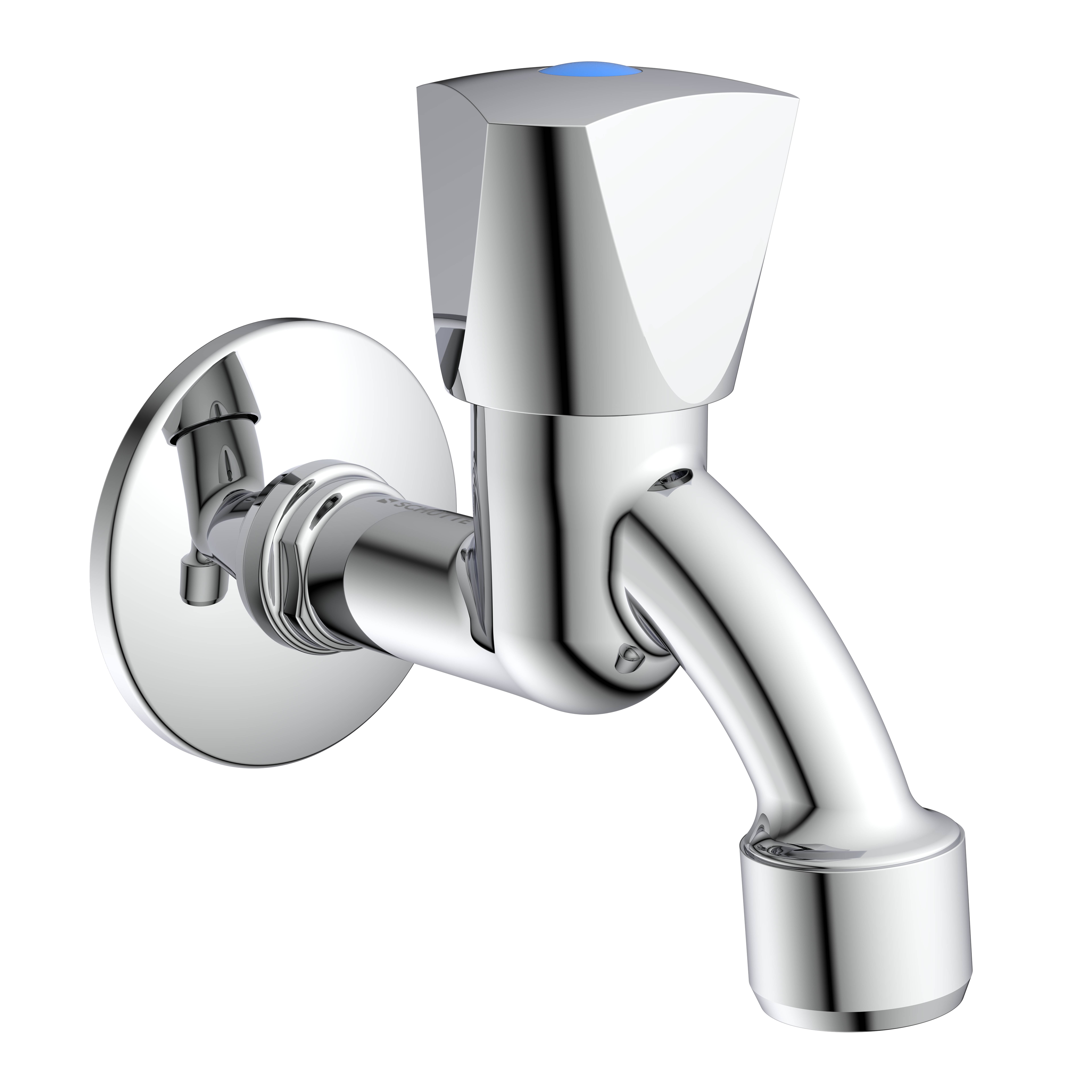 Verchromter wandmontierter Wasserhahn mit gekrümmtem Auslauf und einfachem Bediengriff vor schwarzem Hintergrund.