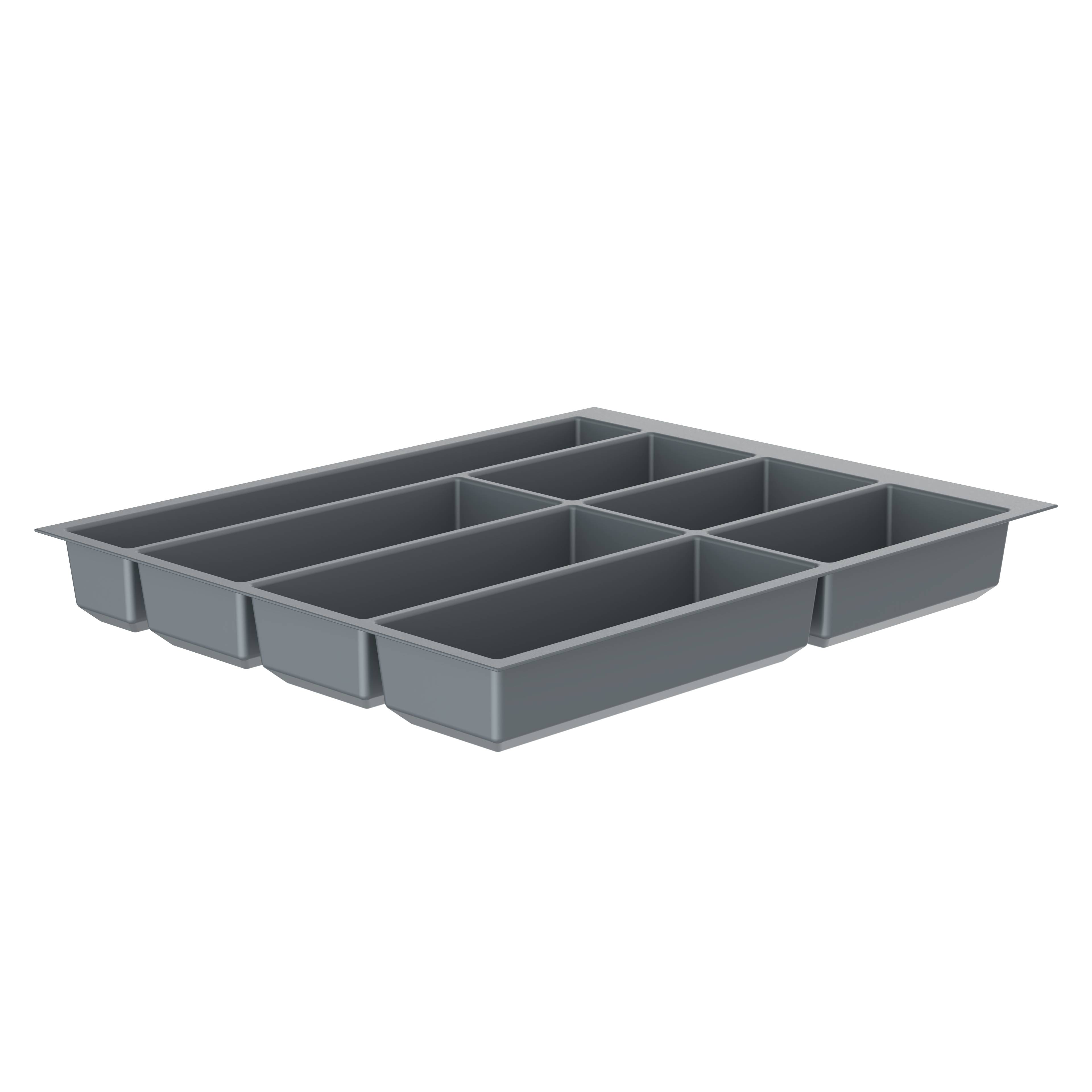 Ein grauer Kunststoff-Schubladeneinsatz mit sechs Fächern auf schwarzem Hintergrund, verwendet zum Sortieren und Lagern von kleinen Gegenständen oder Utensilien.