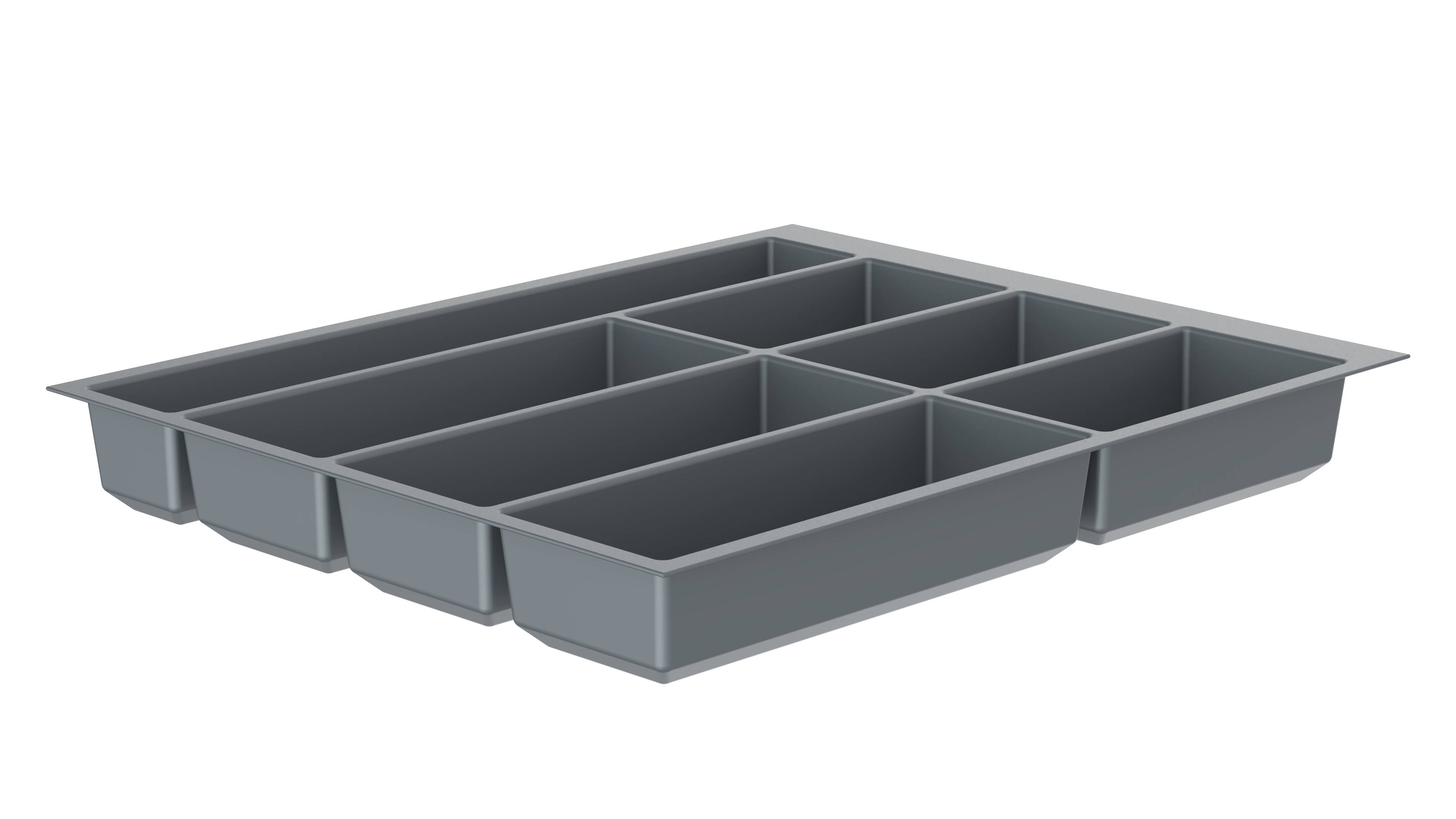 Ein grauer Kunststoff-Besteckkasten mit mehreren Fächern, der zur Aufbewahrung und Organisation von Besteck ausgelegt ist.