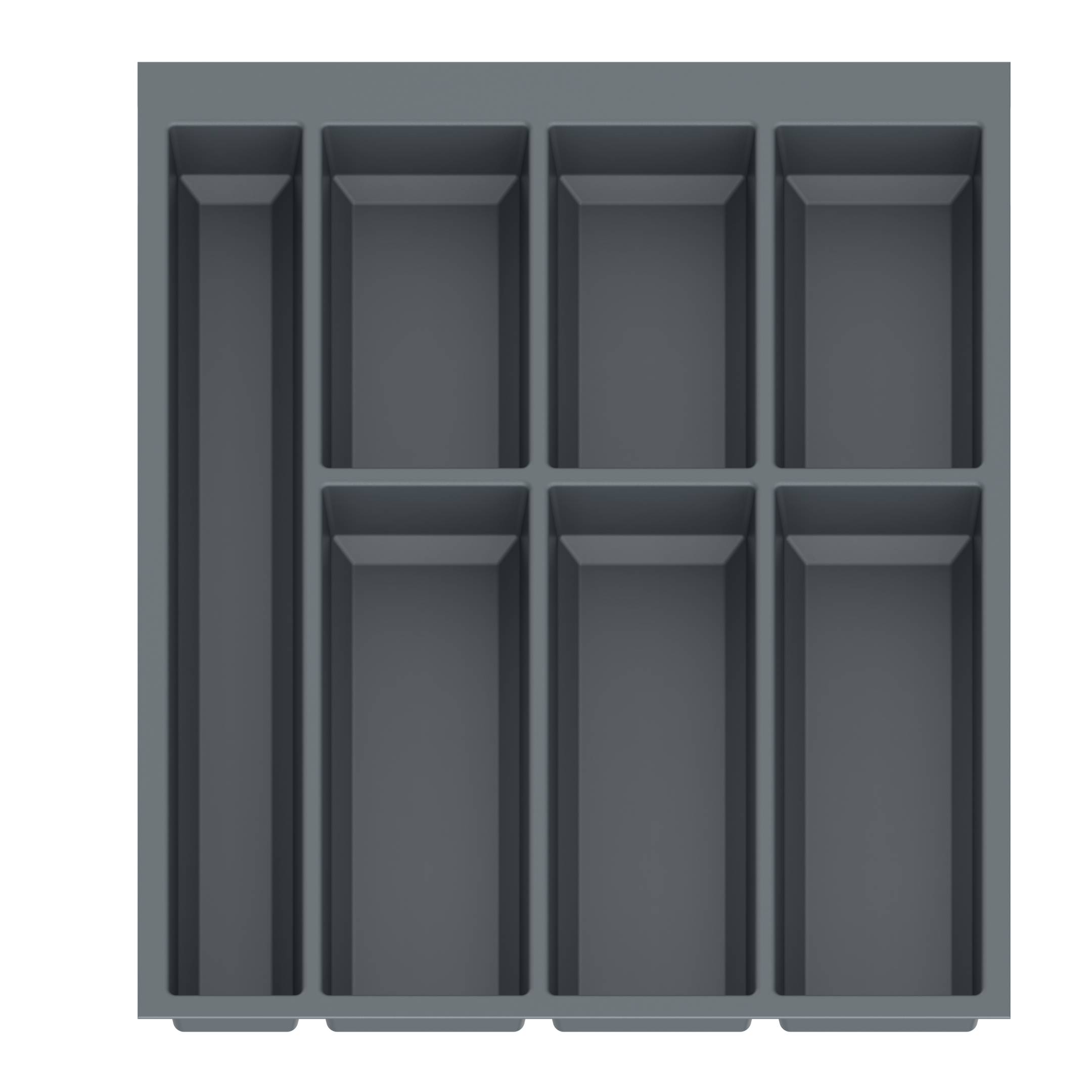 Ein grauer Utensilien-Organizer mit sieben rechteckigen Fächern unterschiedlicher Größe, die in zwei Spalten auf schwarzem Hintergrund angeordnet sind.