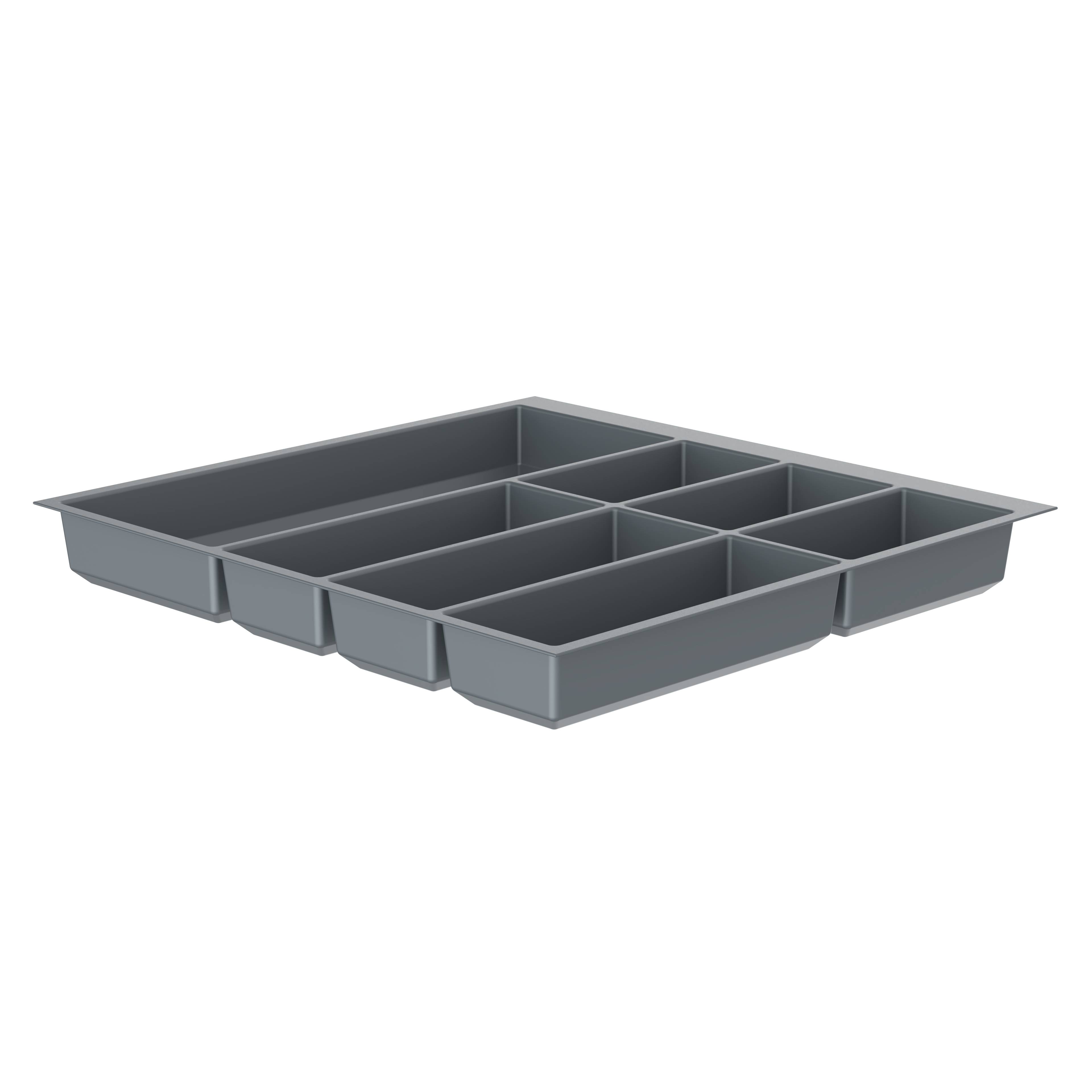Ein grauer, leerer Kunststoff-Schubladenorganizer mit mehreren Fächern vor schwarzem Hintergrund.