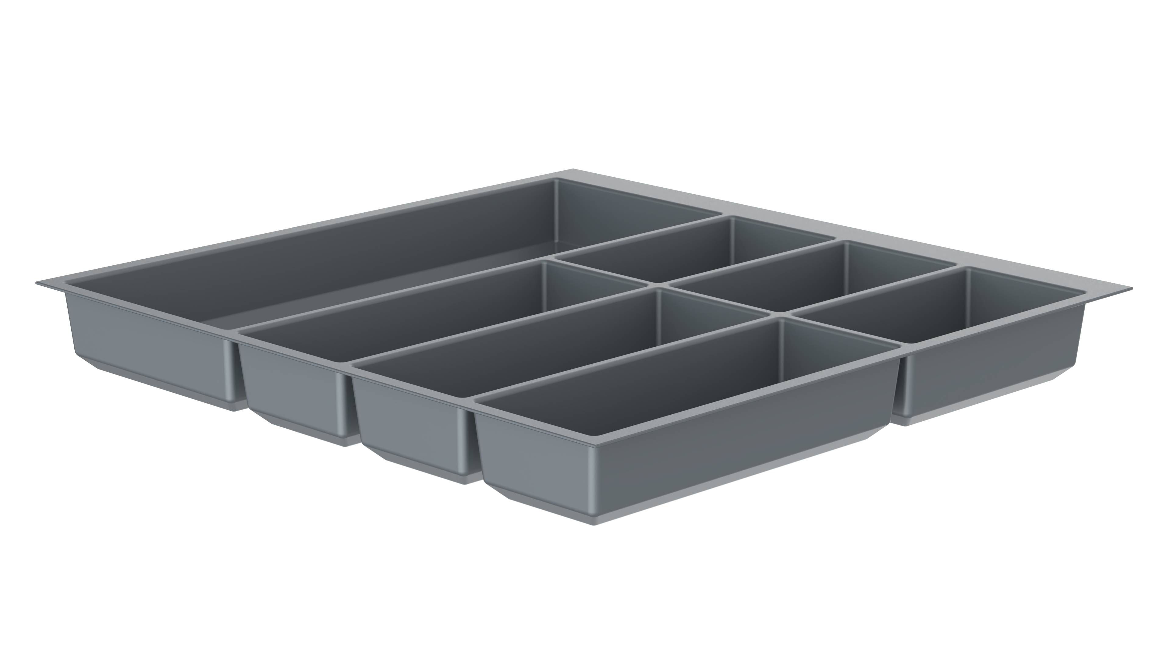 Ein dunkelgrauer Kunststoff-Schubladenorganizer mit sechs Fächern unterschiedlicher Größe, die in einem rechteckigen Raster angeordnet sind.