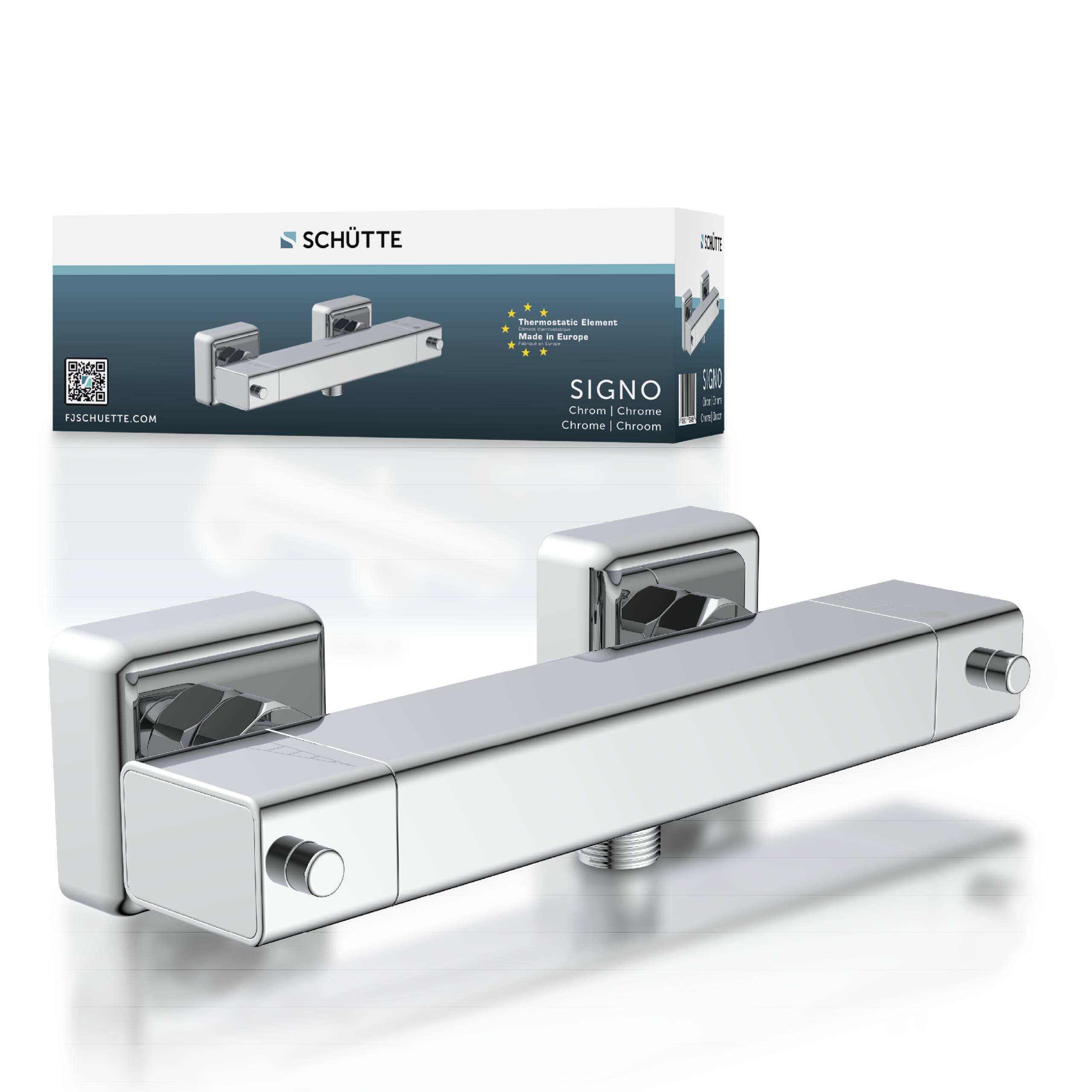 Produktbild eines SCHÜTTE 'SIGNO' Chrom-Dusch-Mischbatterie, dargestellt mit seiner Einzelhandelsverpackung oben und einem polierten wandmontierten Griff unten.