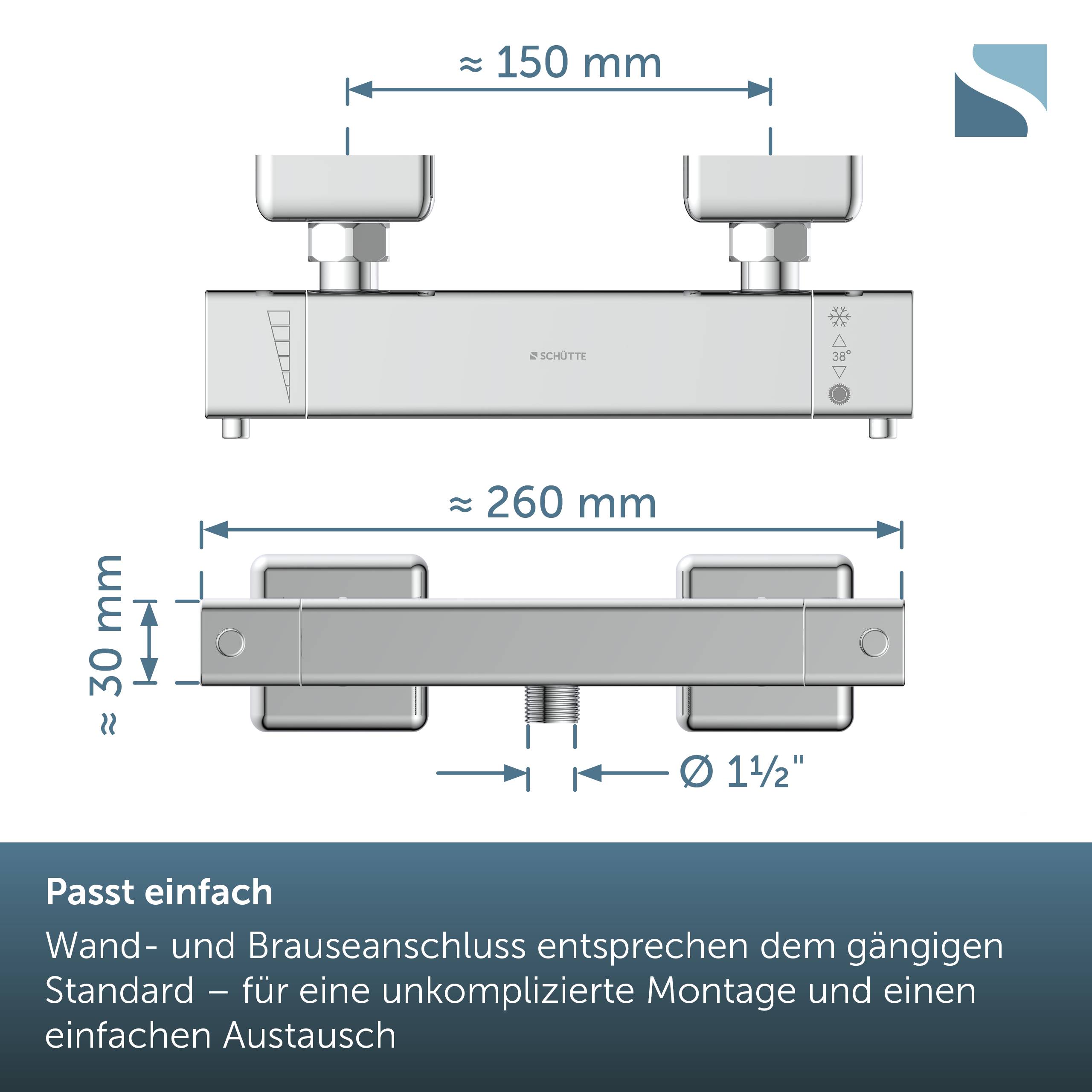 Technisches Diagramm einer Wand- und Bodenkonnektionseinheit mit Abmessungen: etwa 150 mm zwischen den oberen Befestigungen, 260 mm Länge, 30 mm Höhe und 1½-Zoll-Auslass; Notizen auf Deutsch besagen einfache Installation und Austausch.
