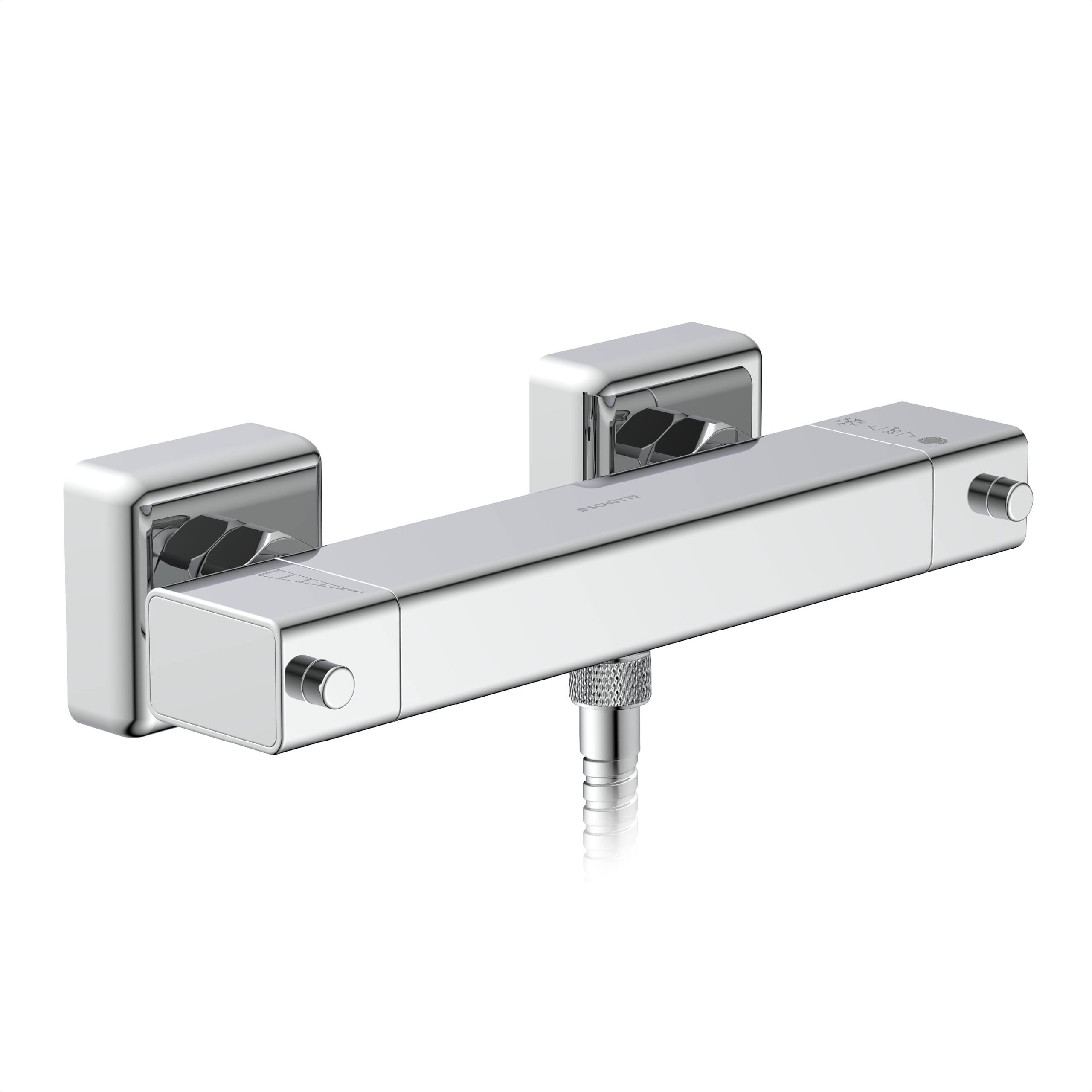Chrom-Thermostat-Duscharmatur mit zwei Wandhalterungen und einem unteren Wasserauslass auf weißem Hintergrund.