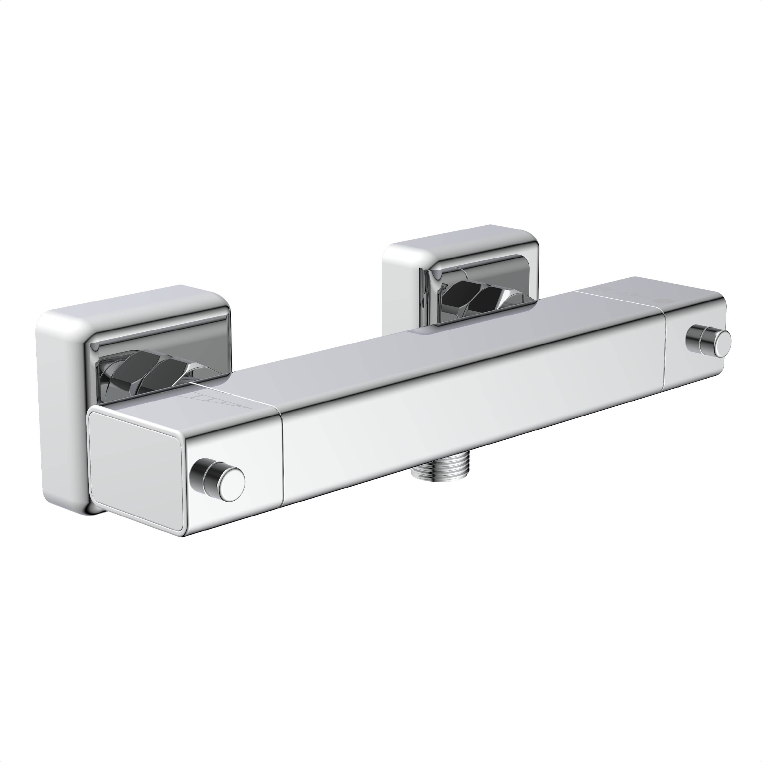 Ein verchromter, wandmontierter Brausemischer mit minimalistischem Design und zwei Griffen zur Temperatur- und Durchflussregelung.