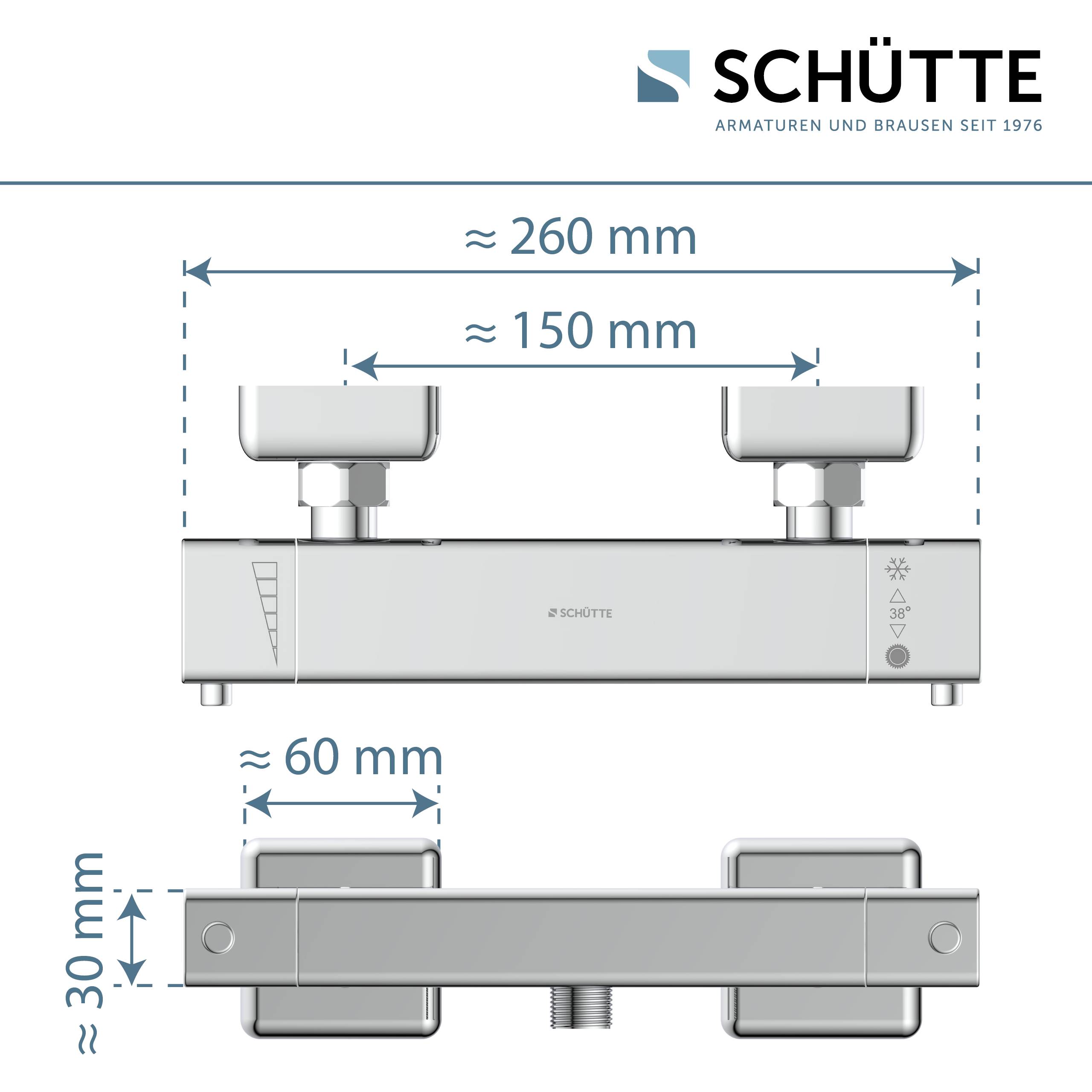 Diagramm mit den Abmessungen einer SCHÜTTE-Duscharmatur: 260 mm Breite, 150 mm Abstand zwischen den Griffen, 30 mm Tiefe und 60 mm Abstand zur Wand.
