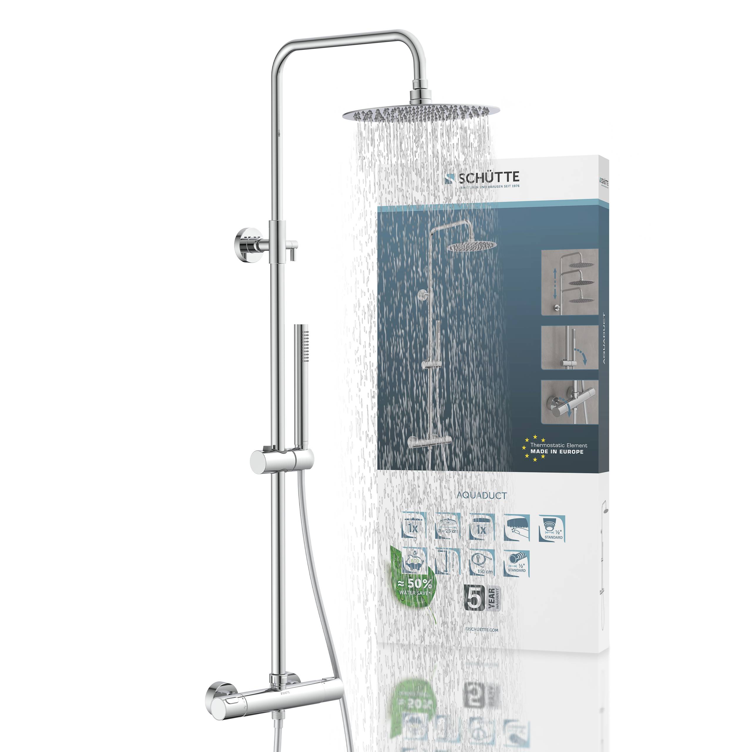 Ein Chrom-Duschset mit quadratischem Regenduschkopf, tragbarer Brause, verstellbarer Stange und Kontrollventil, die Verpackung zeigt eine Installationsanleitung.
