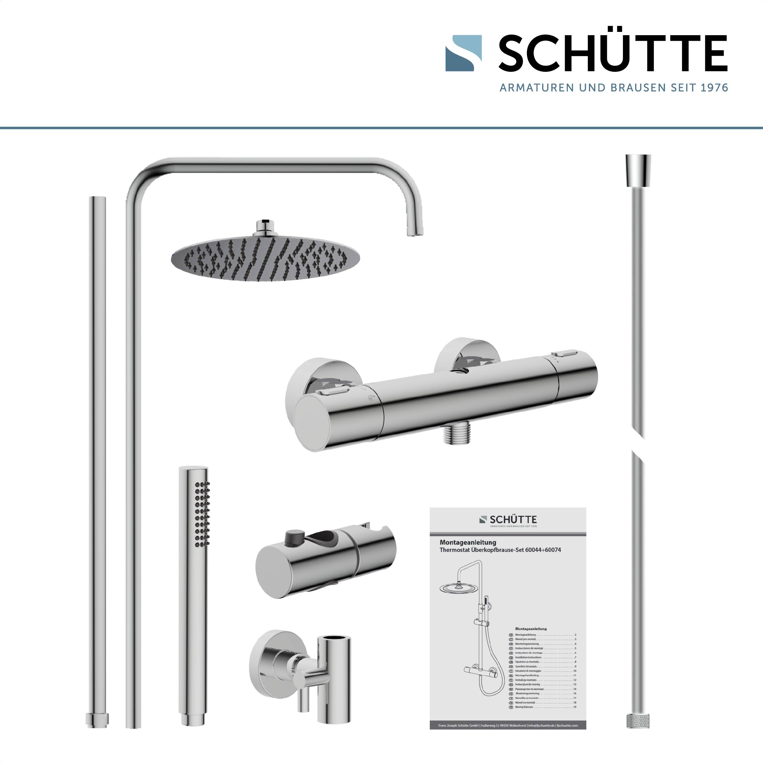 Duschset inkl. Regenduschkopf, Handbrause, wandmontierte Bedienelemente, Stange und Installationsanleitung.