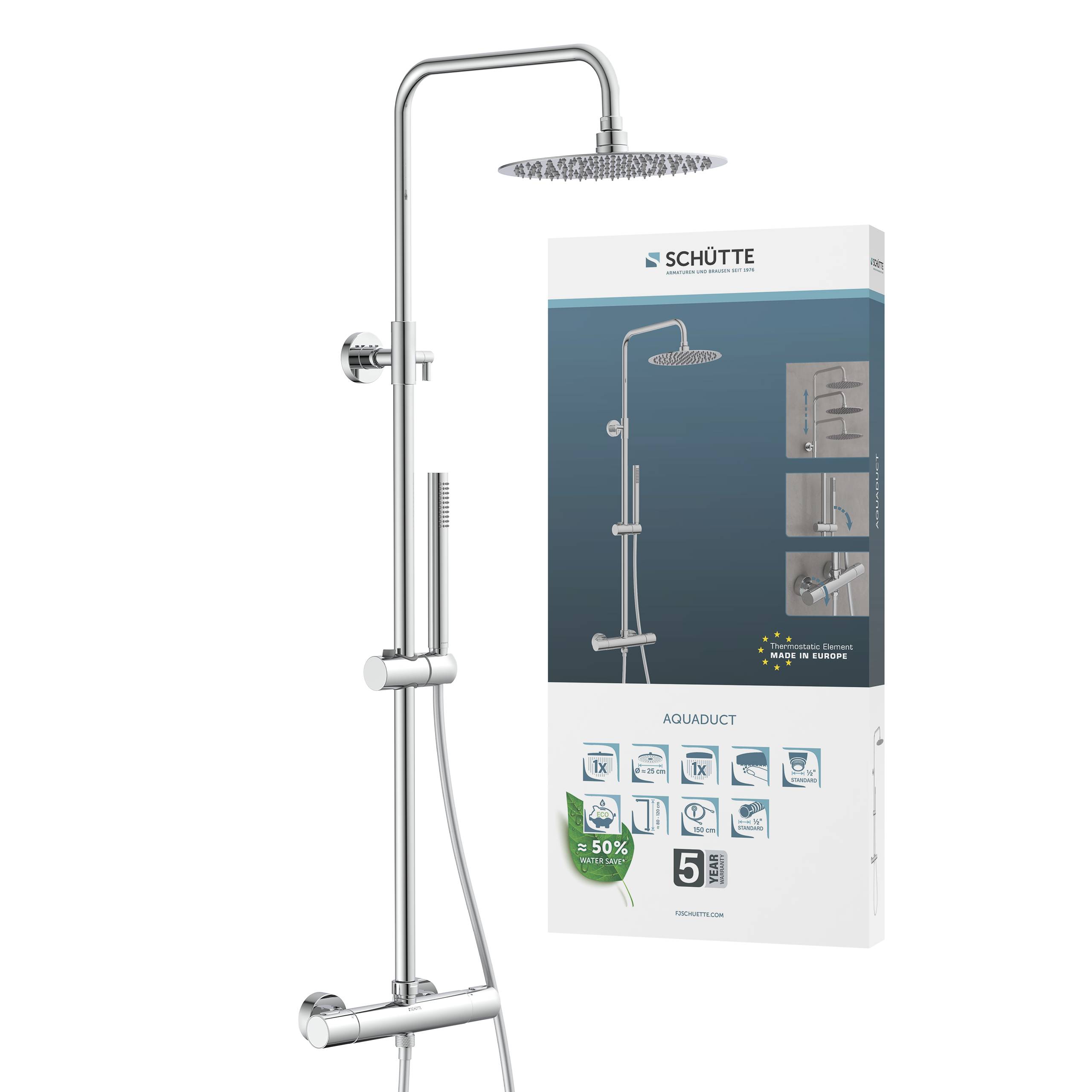 Duschanlagenset mit verstellbarem Regenduschkopf, Handbrausekopf und Regelknöpfen; Die Verpackung zeigt Funktionen und Installationsmöglichkeiten.
