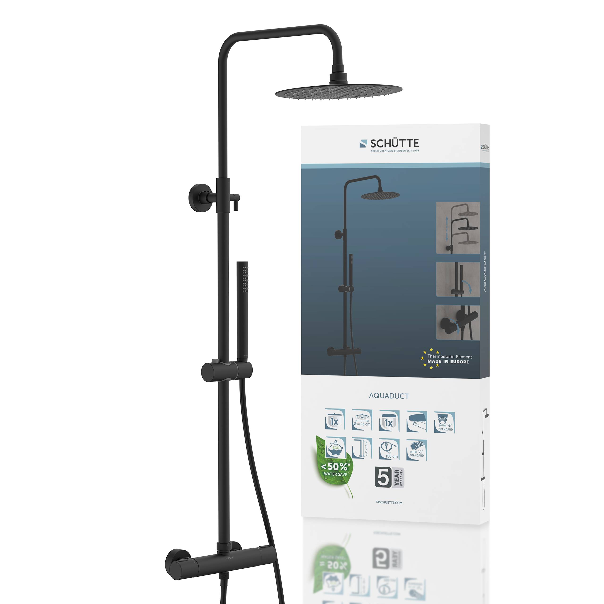 Duschset mit rundem Kopfbrausenkopf, Handbrause und modernen schwarzen Armaturen. Die Verpackung zeigt Produktmerkmale und Wassersparvorteile.