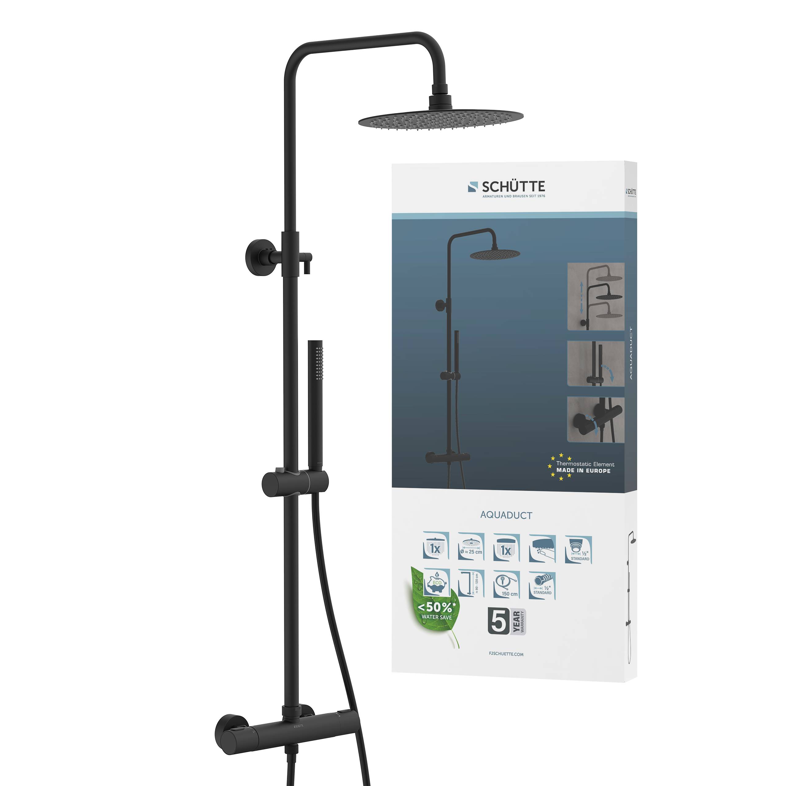 Ein schwarzes Duschangesystem mit rundem Duschkopf und tragbarem Handbrausekopf wird angezeigt. Die Verpackung zeigt Installationsdiagramme und Merkmale.