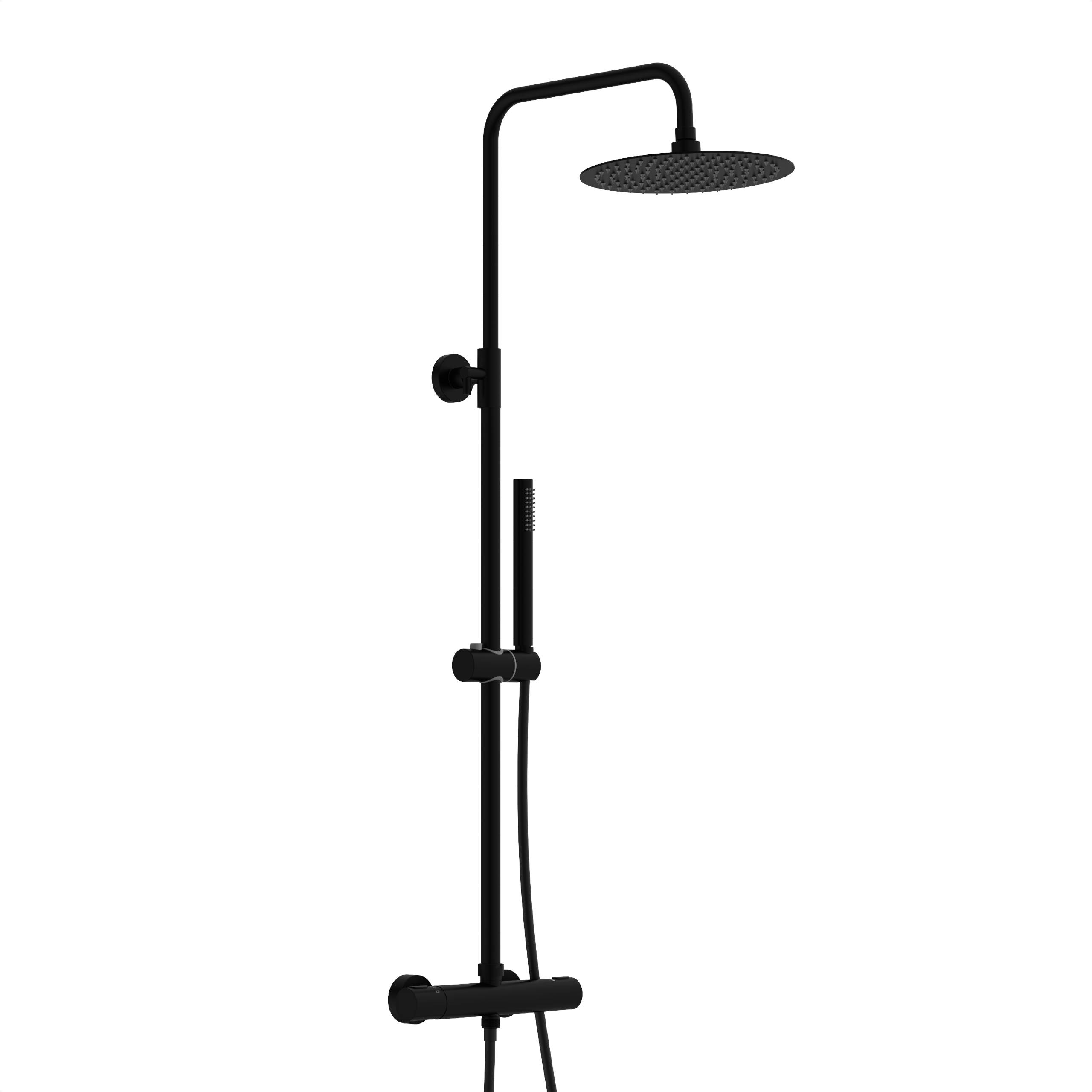 Schwarzes Duschenset mit rundem Überkopf-Regenschauer, Handbrause und verstellbarer Gleitleiste. Modernes Design.