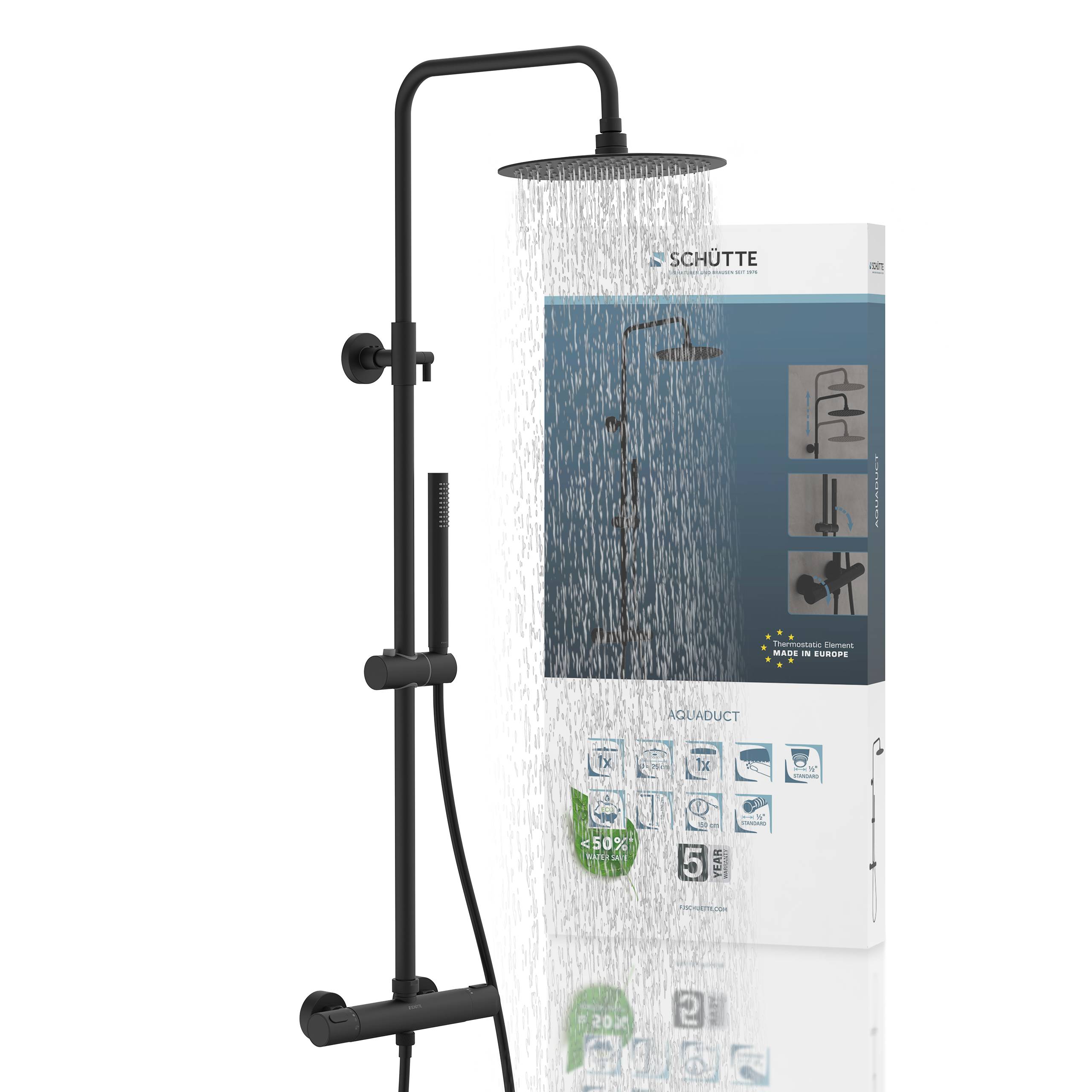 Ein Duscheystem mit einem modernen Regenduschduscerkopf und tragbarem Handbreausatz wird vor weißem Hintergrund angezeigt und zeigt seine Funktionen.