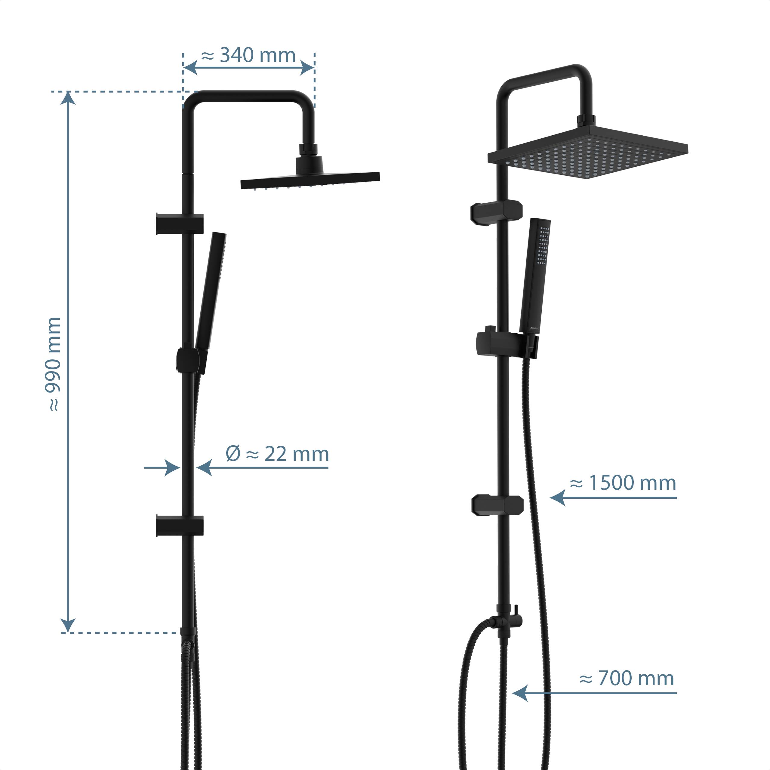 Schwarzes Duschasystem mit einstellbarem quadratischem Regenduschkopf, Handbrause und Schläuchen. Abmessungen: Höhe 990 mm, Breite 340 mm.