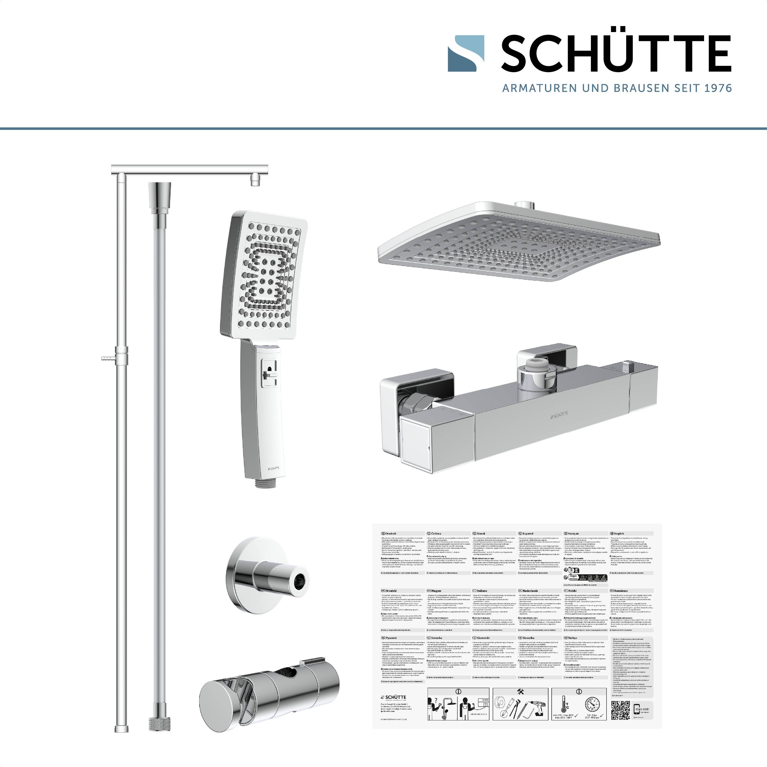 Duschsystem-Set bestehend aus einer quadratischen Kopfbrause, einem Handbrausen-Aufsatz, einer verstellbaren Stange und einem Wasserhahn; Markenname oben rechts.