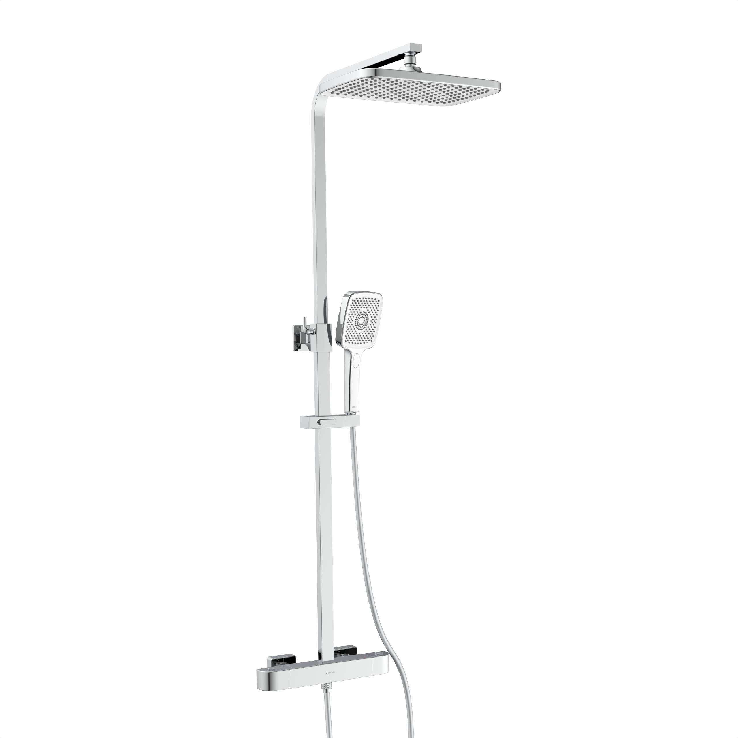 Ein modernes Duschkopf-Set aus Chrom mit einer Kopfbrause und verstellbarem Handbrausekopf, entworfen für ein zeitgenössisches Badezimmer.