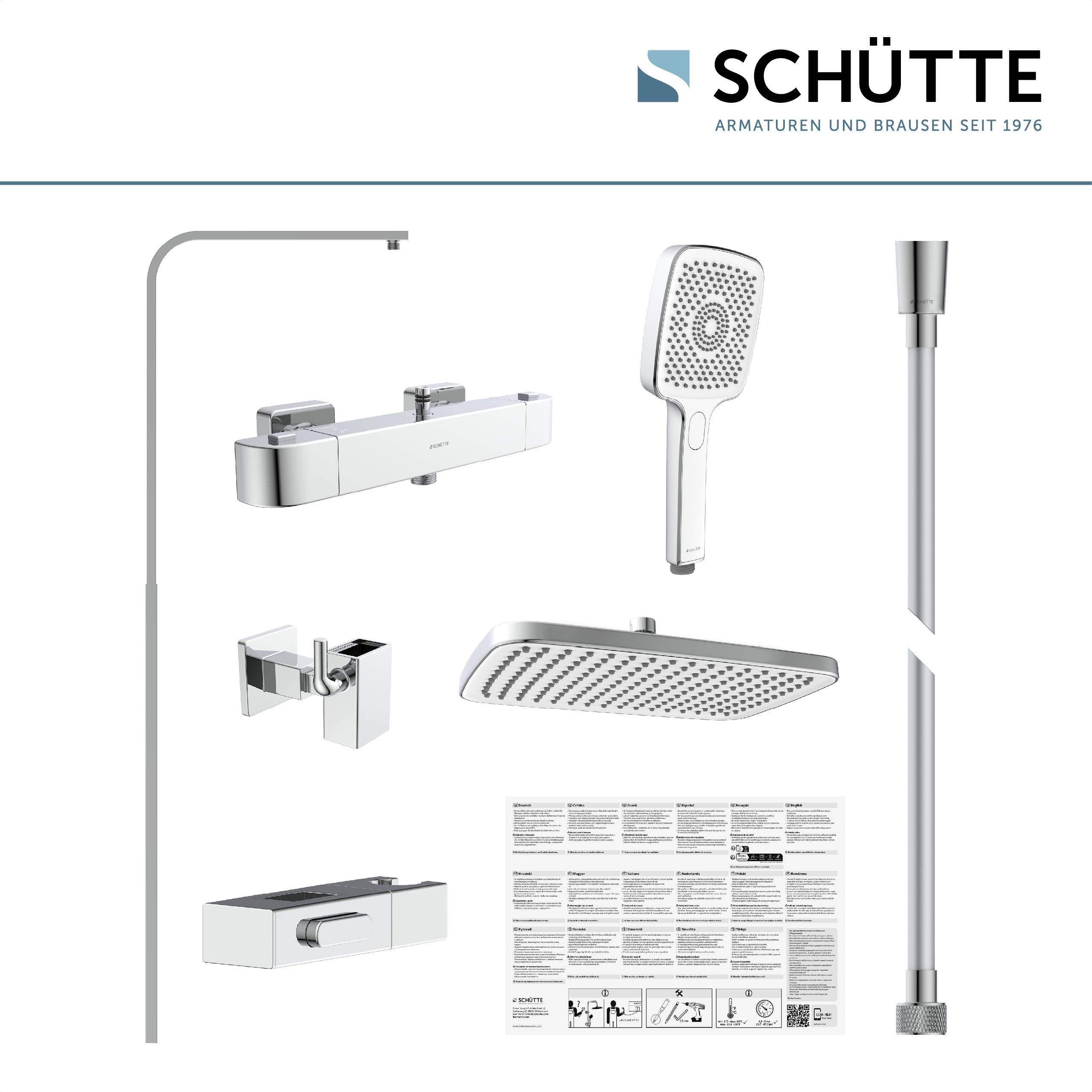 Duschanlagendisplay mit Handbrause, Regenbrause, Mischer und detaillierter Installationsanleitung. Text: Armaturen und Brausen seit 1976.