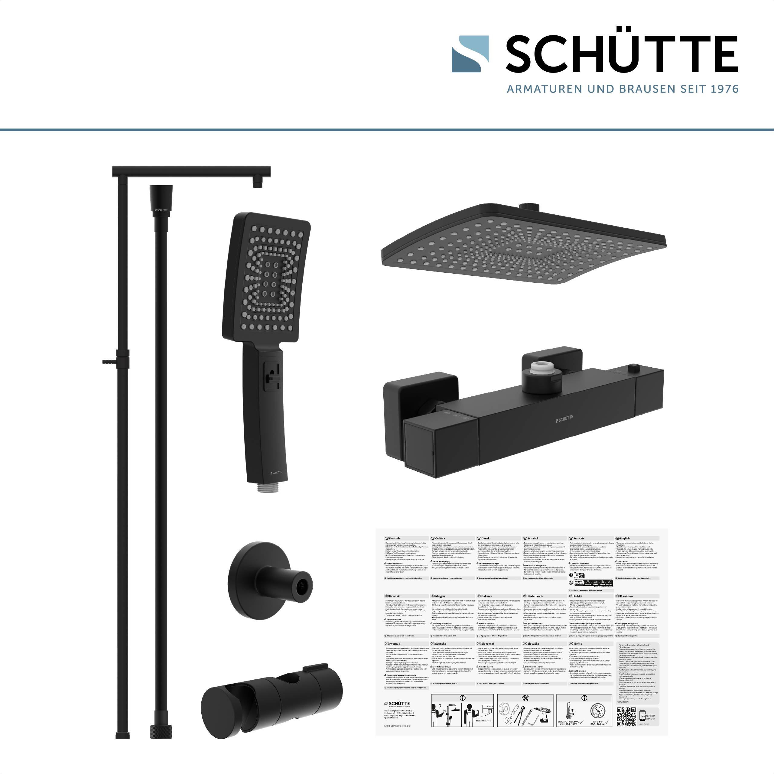 Duschsystem-Set mit quadratischem Regenduschkopf und Handbrause, schwarze Ausführung. Einschließlich Montageteile und Installationsanleitung.