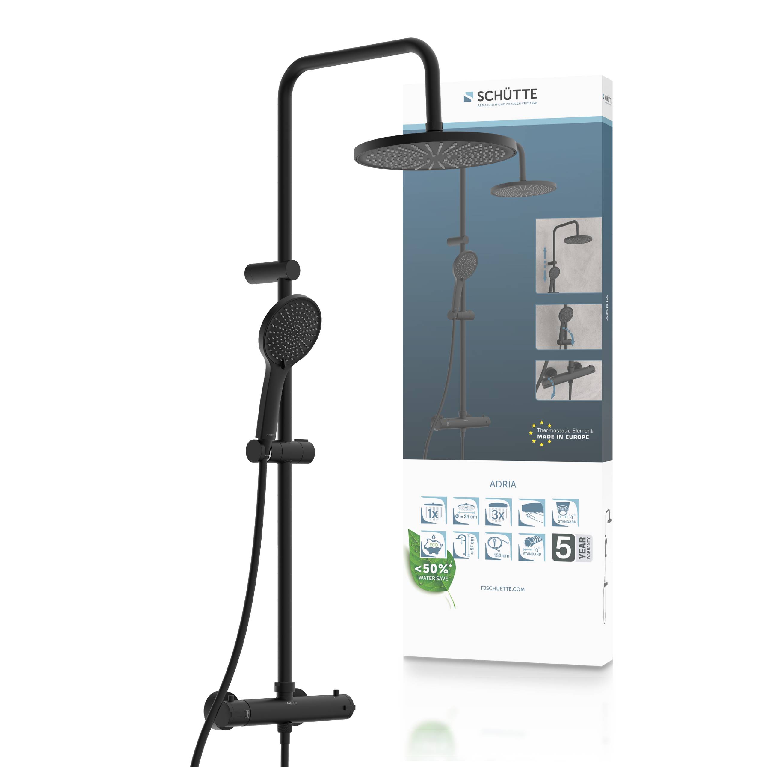 Ein moderner schwarzer Duschkopf und Duschasystem mit Verpackungsbox, der verstellbare Höhe und Sprüheinstellungen zeigt und Wassereffizienz betont.