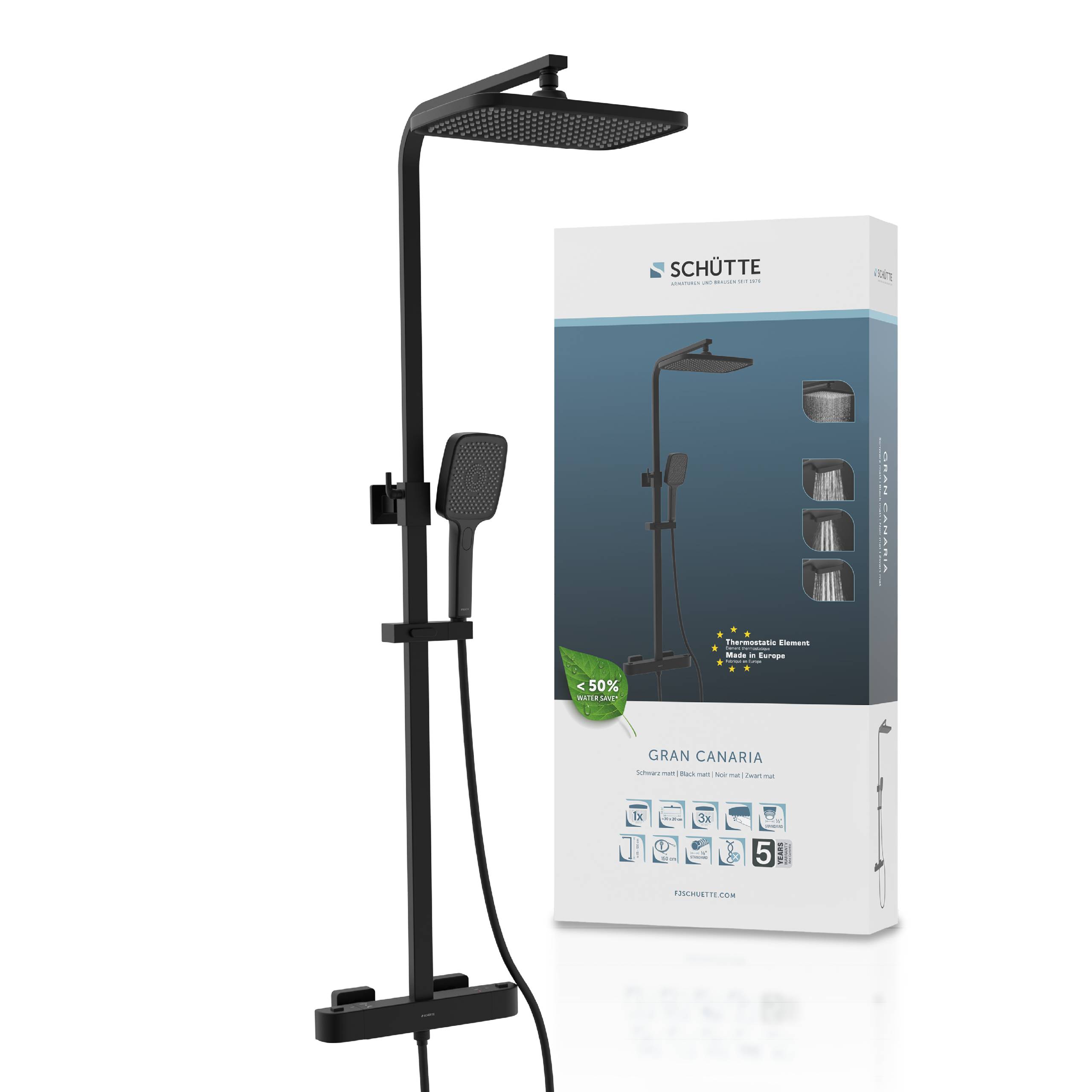 Ein hoher schwarzer Duschkopf mit passendem Handbrause und Bedienungselementen wird neben einer Markenverpackung mit der Aufschrift „Gran Canaria