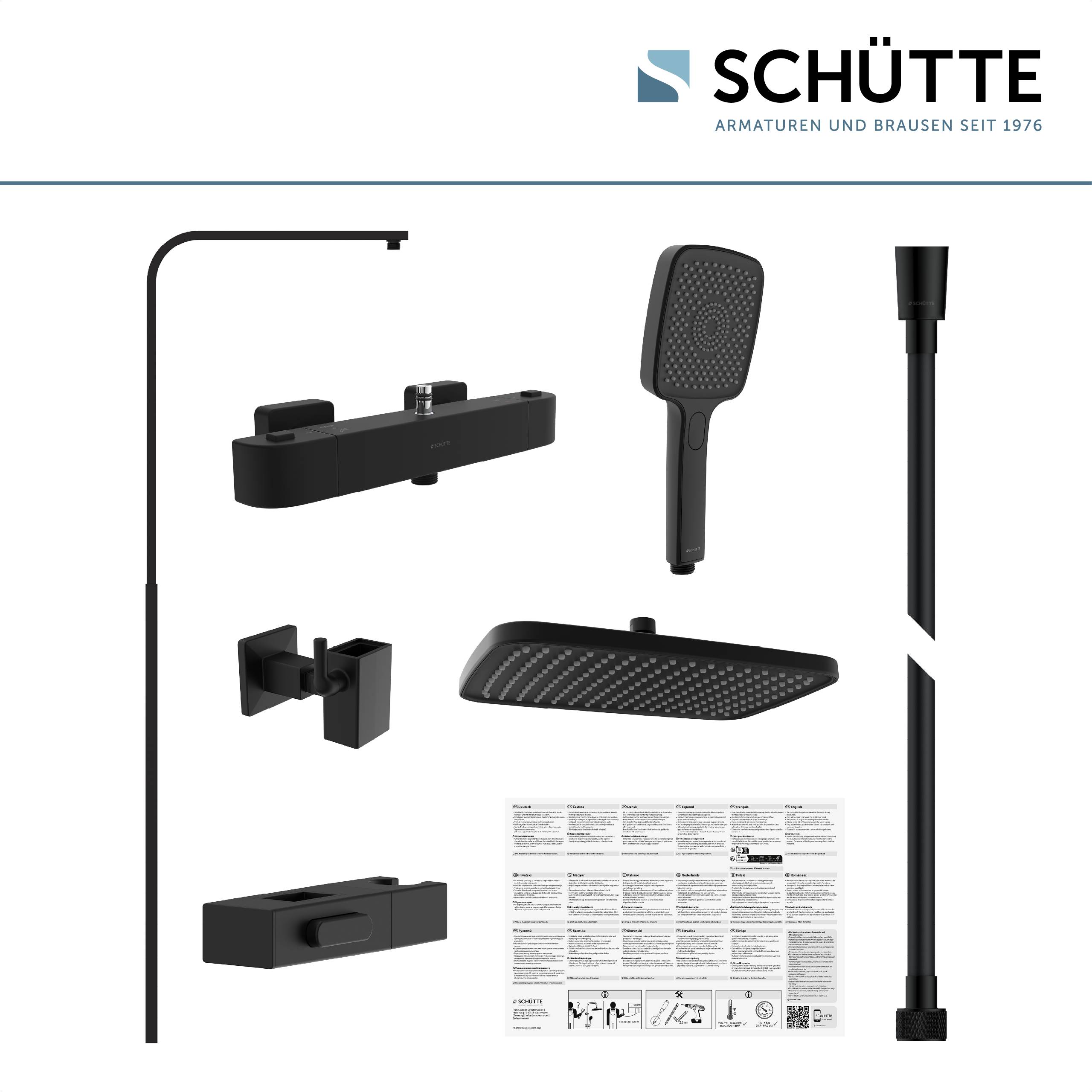 Satz schwarzer Badezimmerarmaturen und Duschköpfe vor dunklem Hintergrund, mit Installationsanleitung im Lieferumfang enthalten.