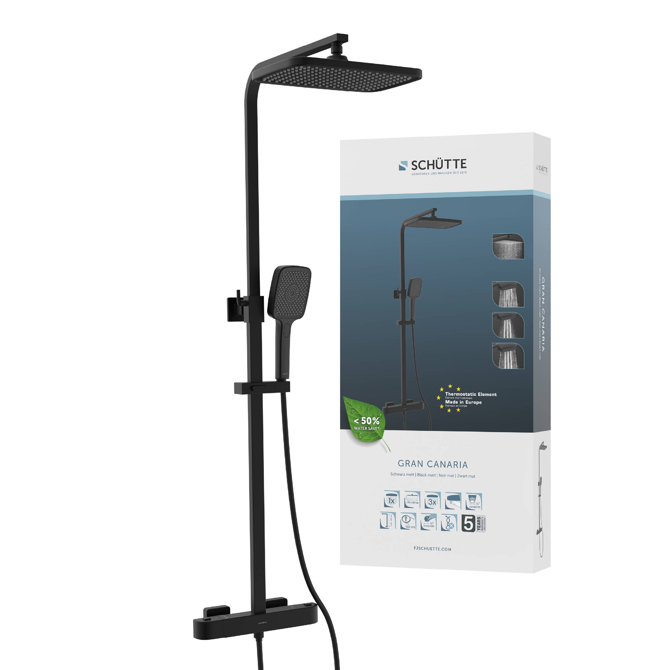 Duschanlagen mit quadratischem Kopfbrausenkörper, tragbarem Handbrauseaufsatz und Umleiter. Verpackt mit Markenprägung und Produktdetails.