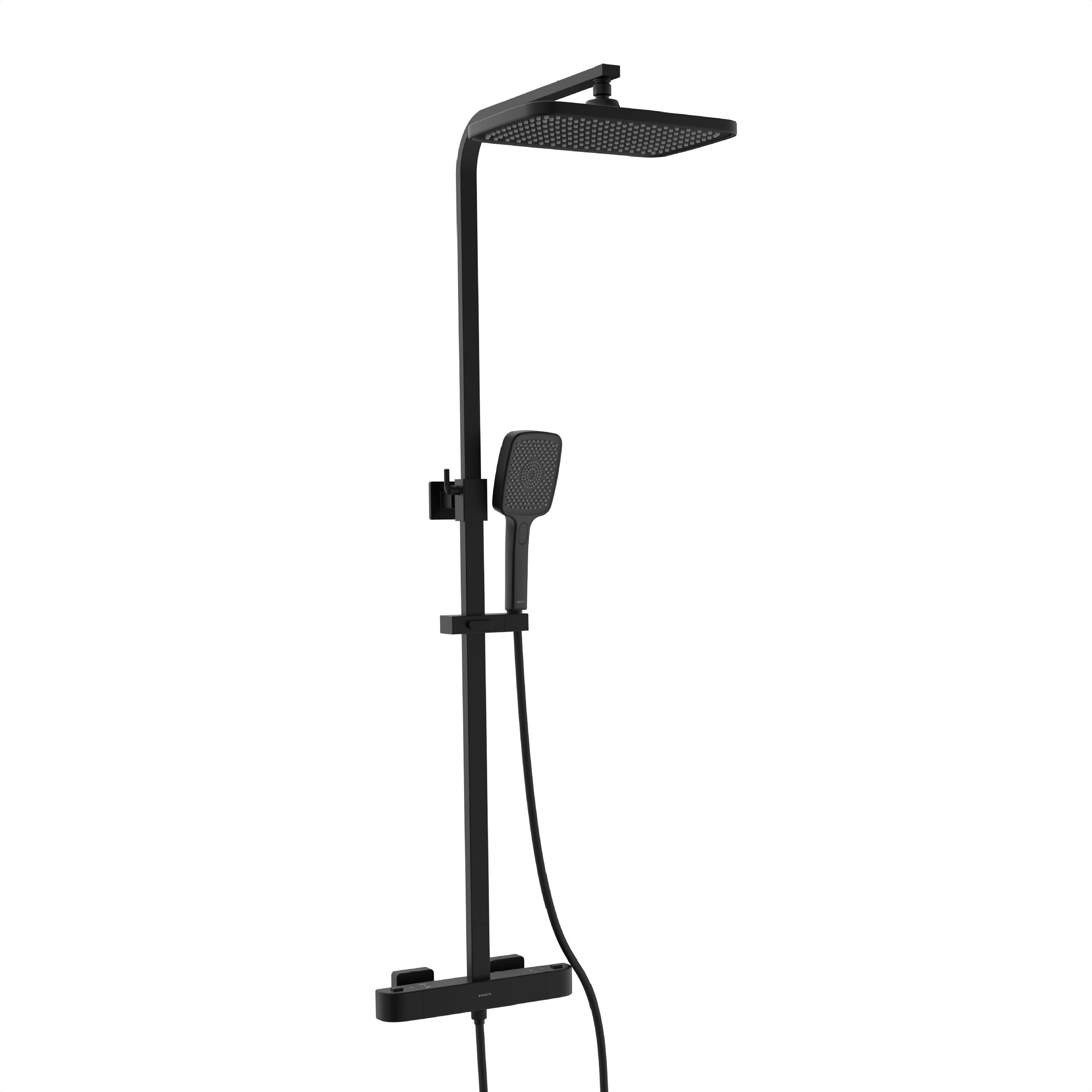 Ein modernes schwarzes Duscnsystem mit quadratischem Kopfbrausekopf und verstellbarer Handbrause, entworfen für die Badezimmernutzung.