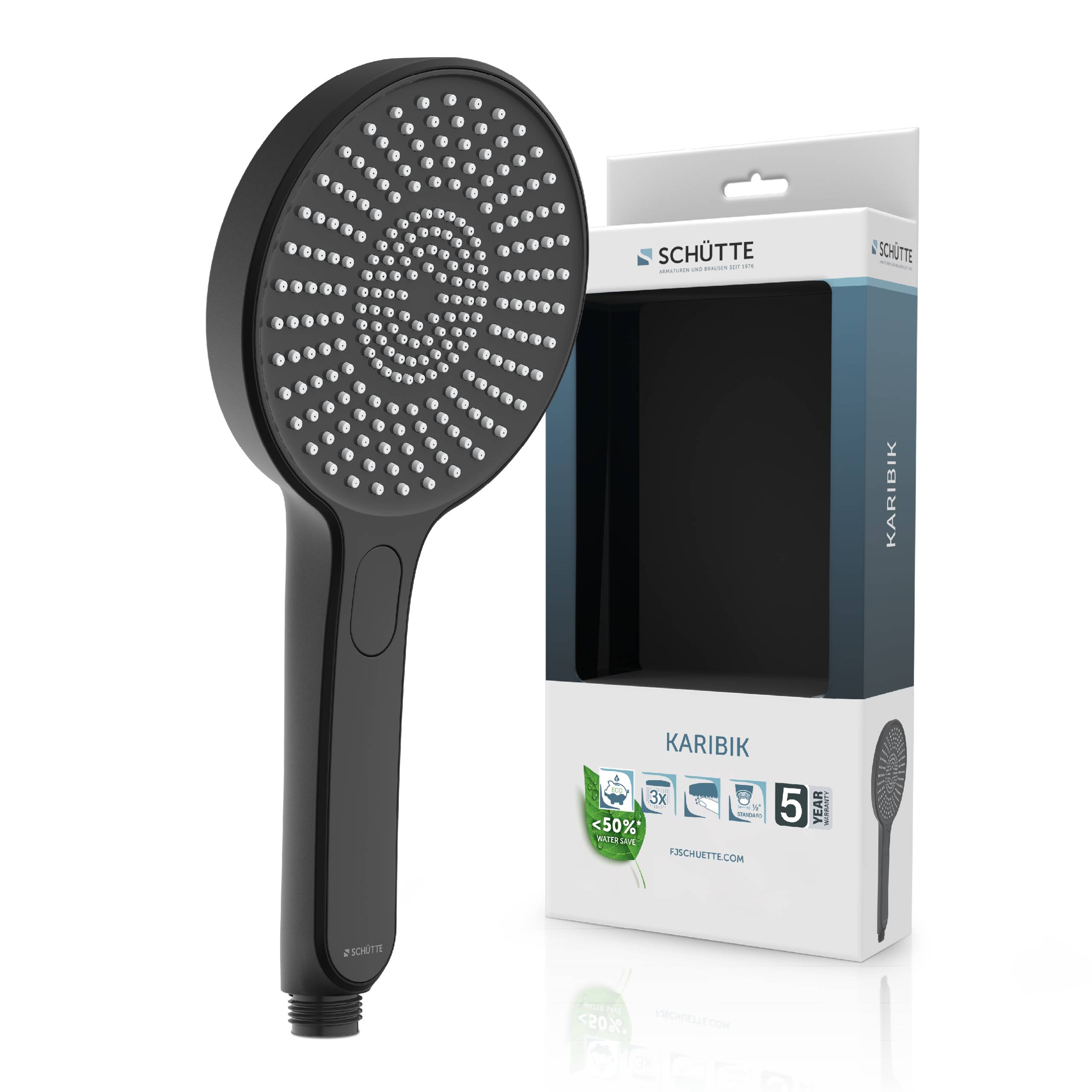 Schwarzer Duschkopf mit rundem Design neben seiner Verpackung mit der Beschriftung „Schütte Karibik