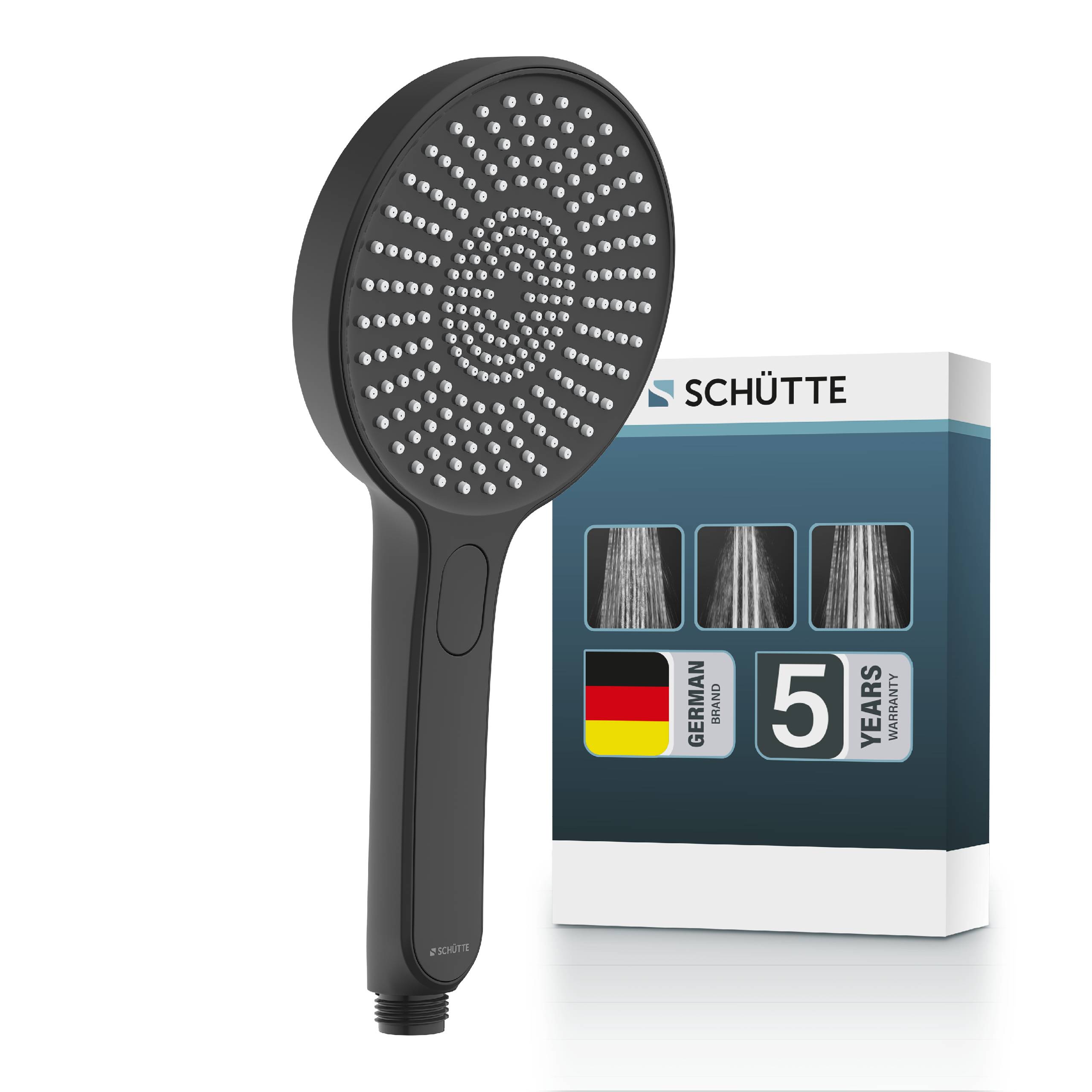Schwarzer tragbarer Duschkopf mit rundem Sprühkopf, gezeigt vor Schütte-Produktverpackung mit der Aufschrift „5 Jahre Garantie