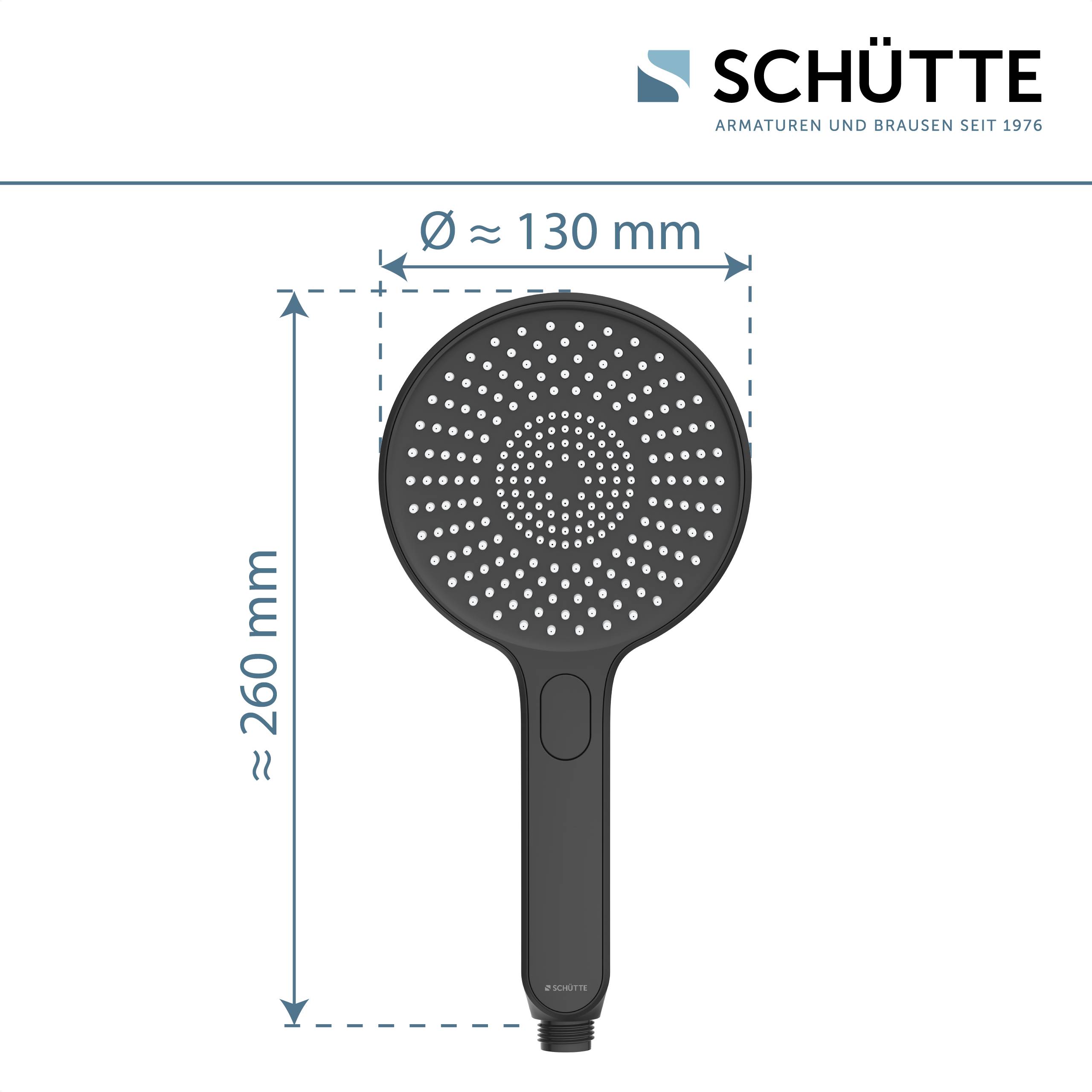 Duschkopf der Marke 'Schütte' mit großer runder Düse, Durchmesser 130 mm, Gesamtlänge 260 mm, vor weißem Hintergrund.