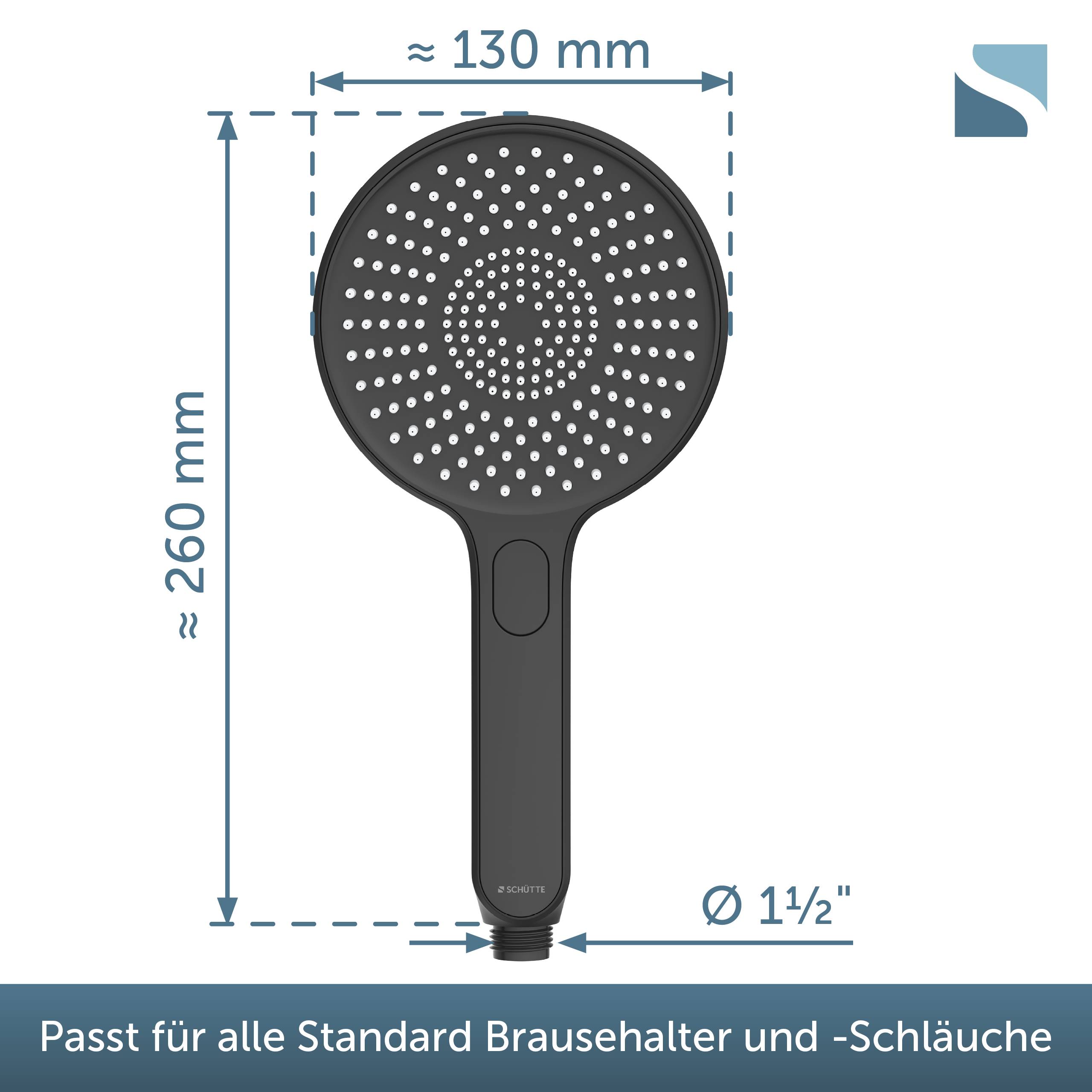 Schwarzer tragbarer Duschkopf mit Griff, Vorderansicht gezeigt, mit Abmessungen von etwa 260 mm Höhe und 130 mm Breite; passt auf Standard-Duschhalter und Schläuche.